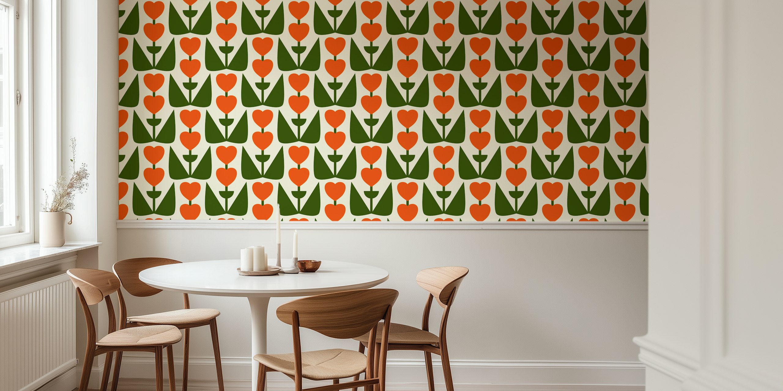 Retro Heart Flowers Orange Green wallpaper design