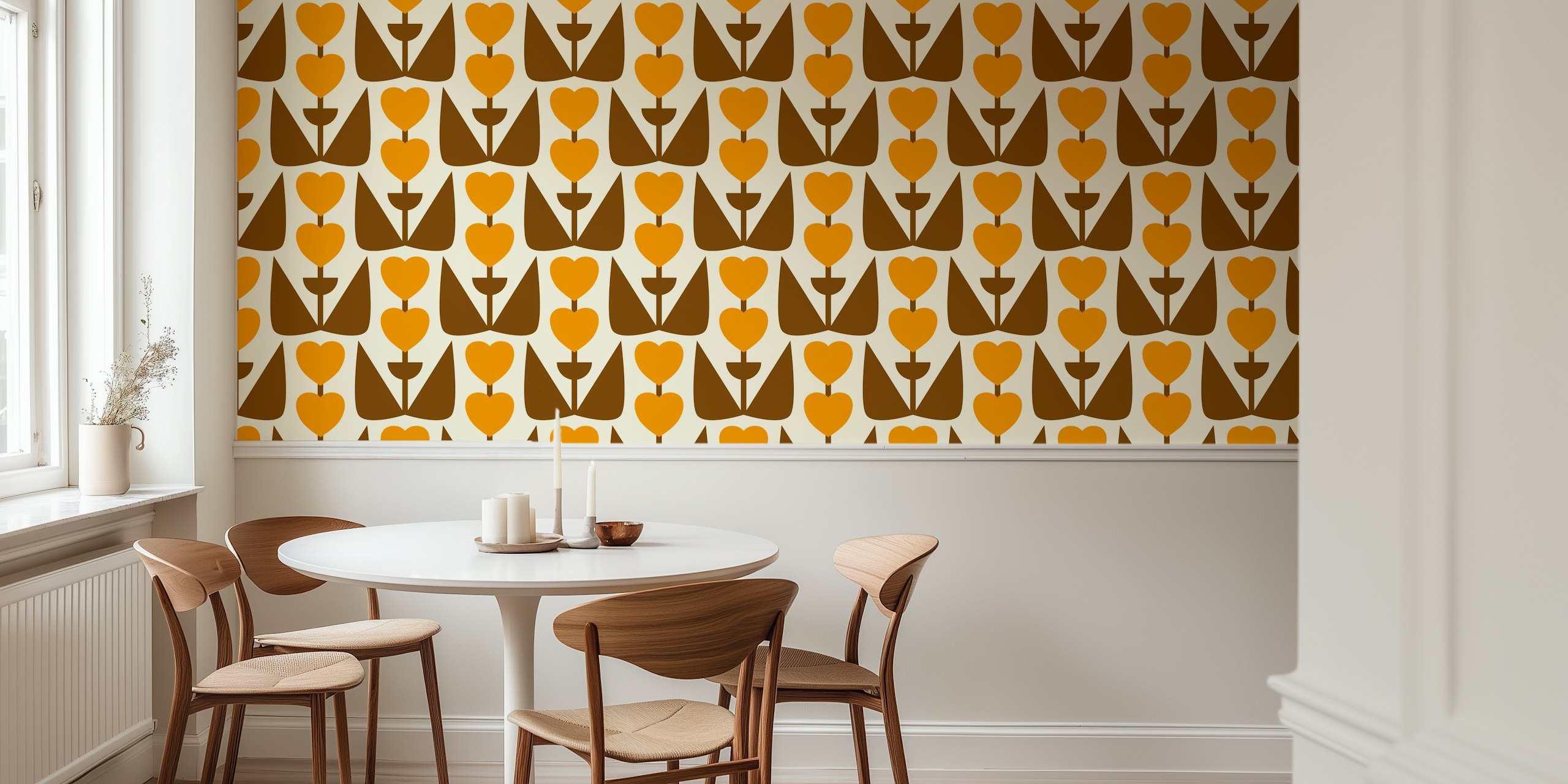 Retro Heart Flowers Yellow Brown wallpaper in a room