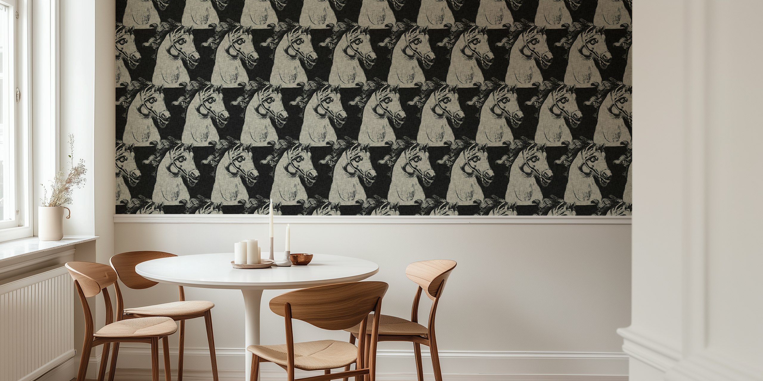 Dramatic horse wallpaper in a room