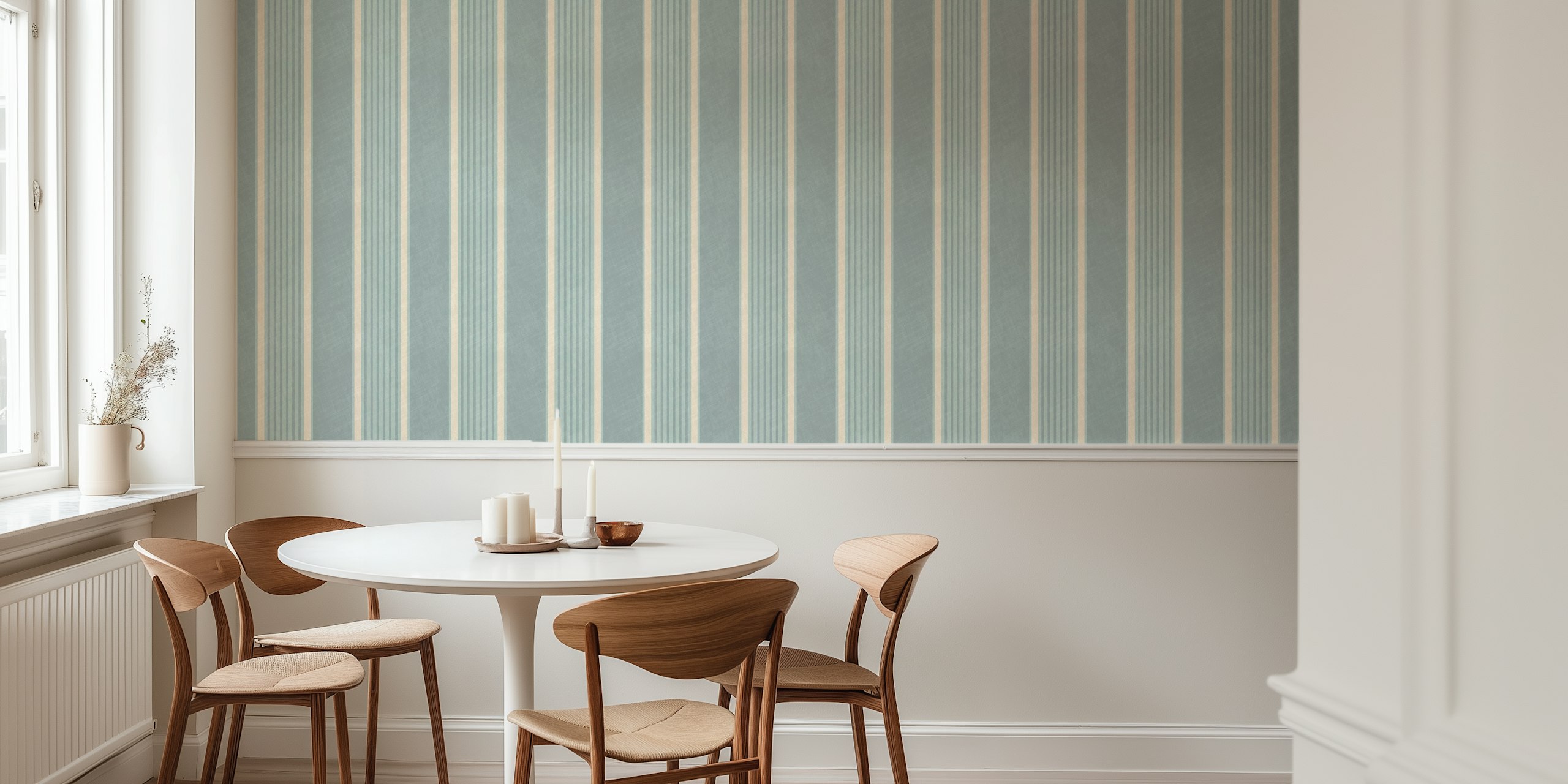Antique striped wallpaper in slate blue and cream colors, vintage style