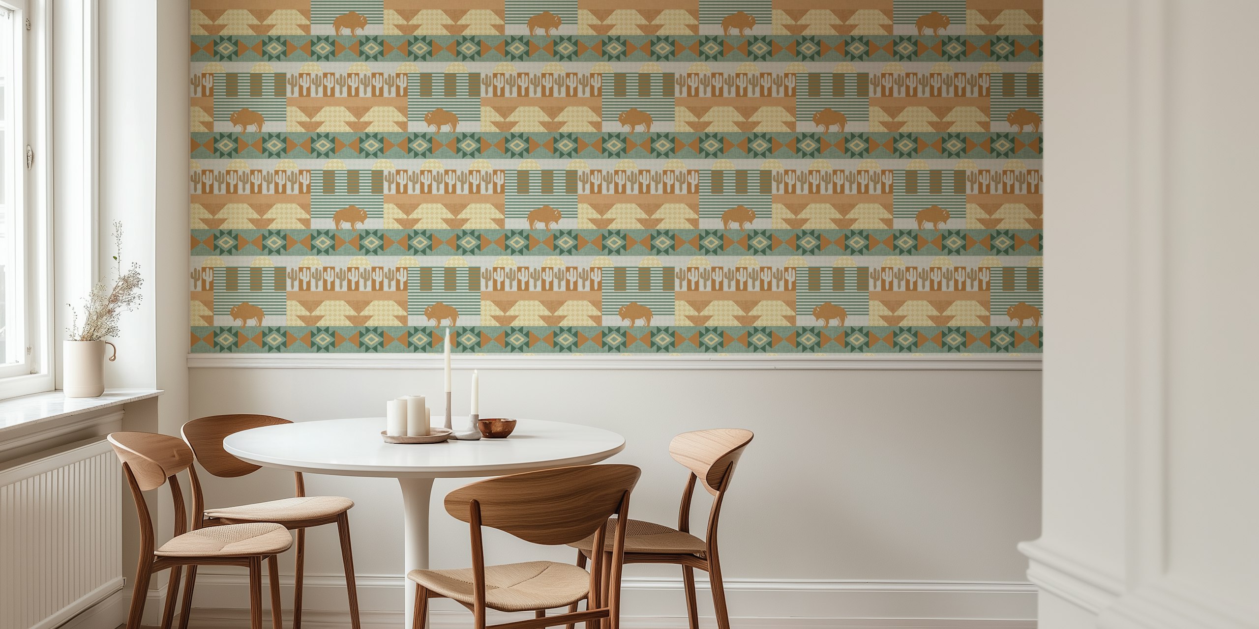 Geometric pattern with buffalo, cacti, and earthy colors wallpaper