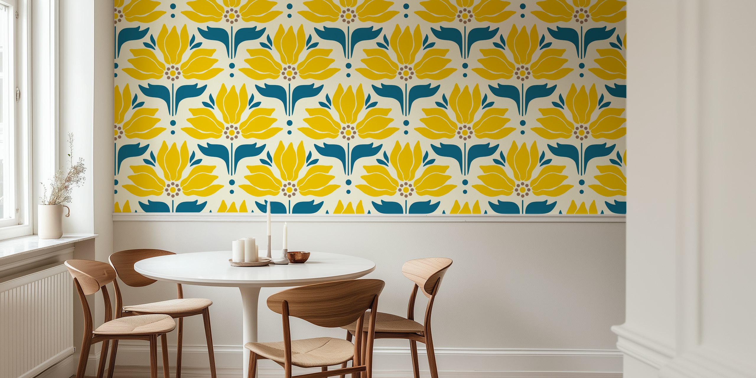 Bright yellow retro floral pattern wallpaper with sunflowers