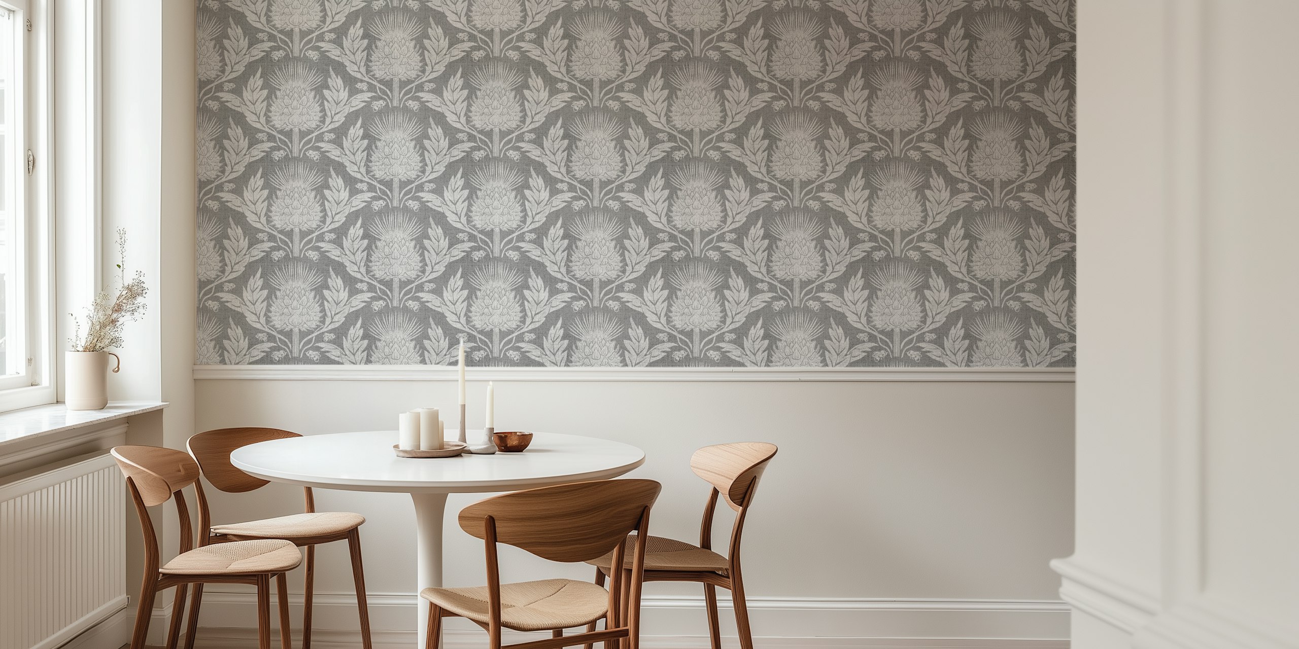 Grey damask wallpaper with artichokes and bees