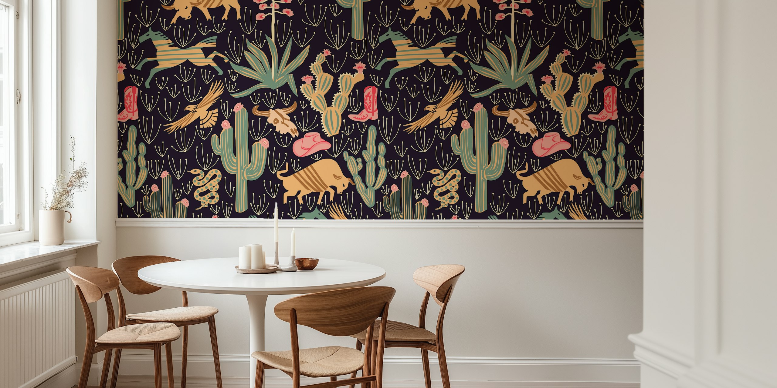 Kakteen, Tiere und Western Motive in bunten Farben auf dunklem Hintergrund wallpaper