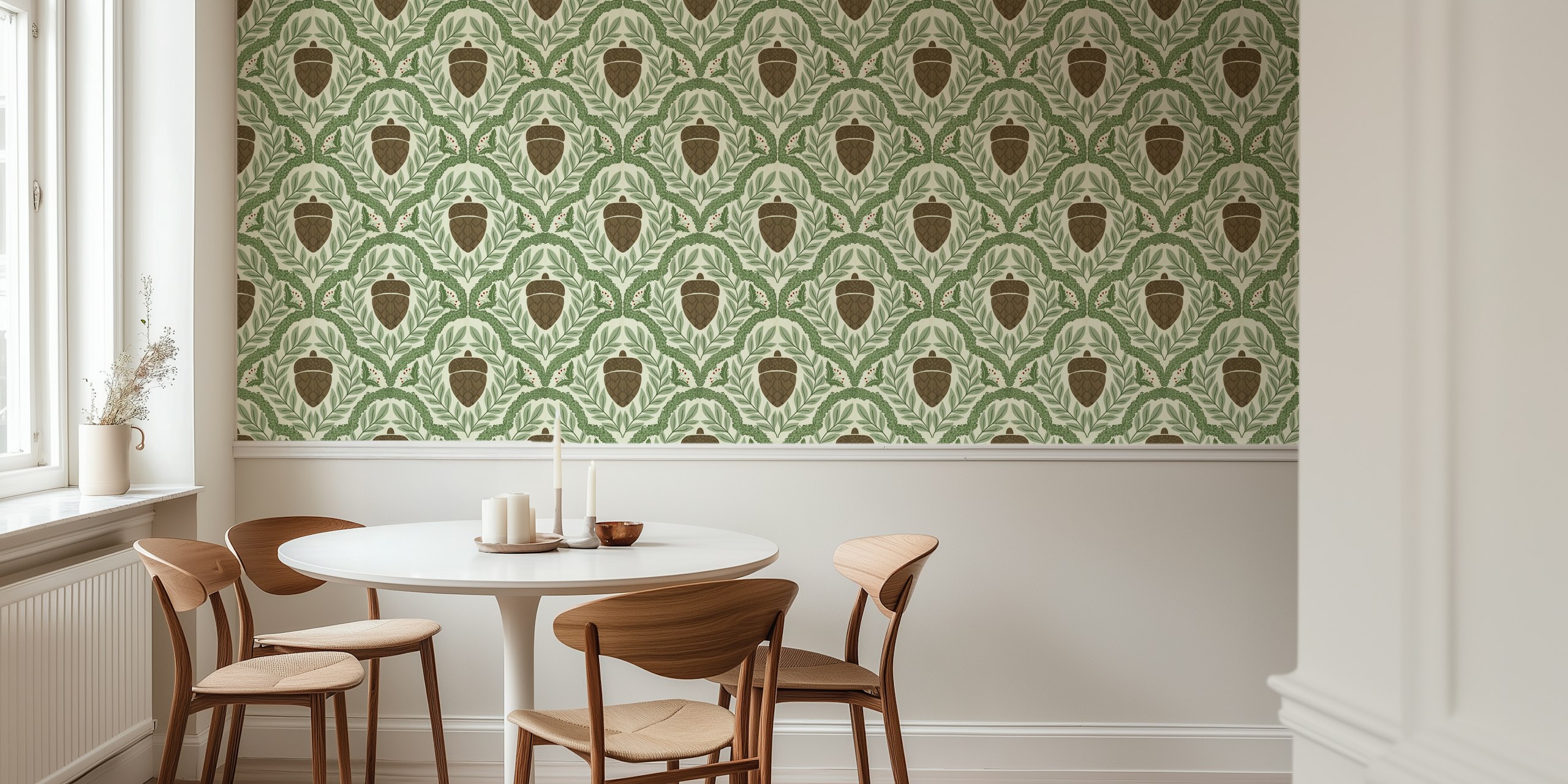 Foliage with pine acorns and berries in green tones wallpaper