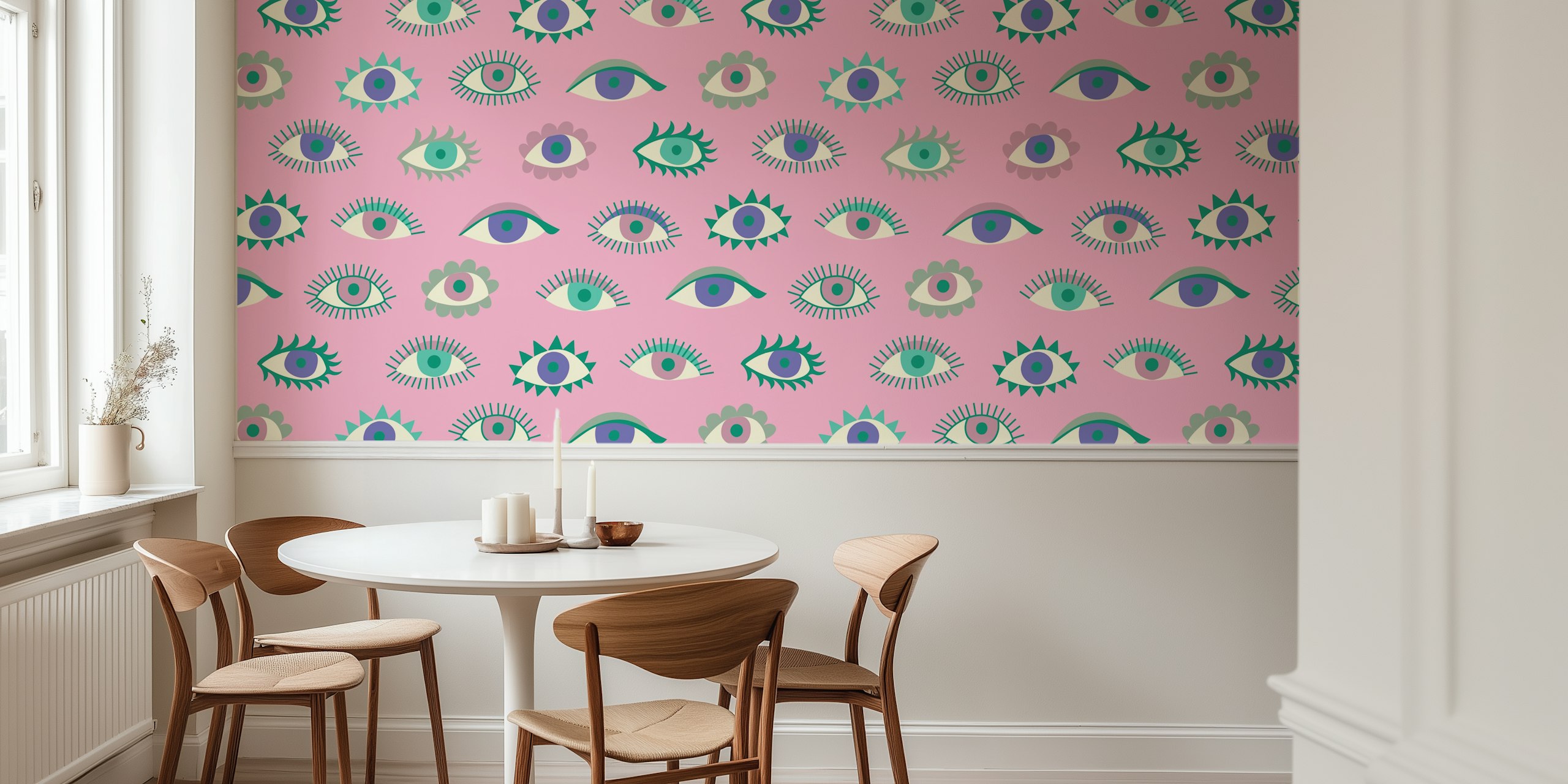 Colorful eye patterns in pastel pink, green, blue wallpaper