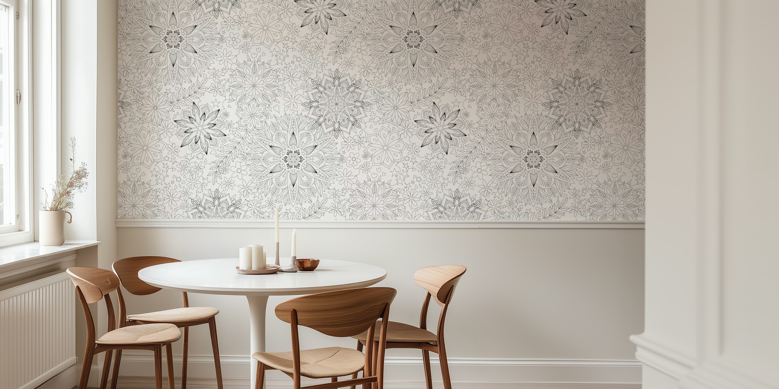 Floral mandala patterns in black and white wallpaper.