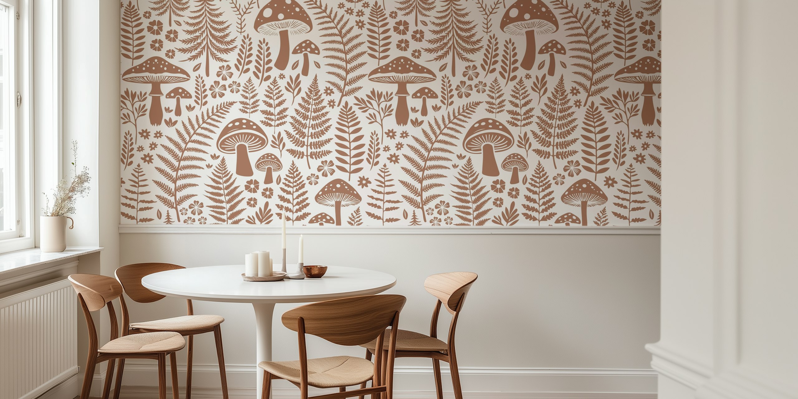 Woodland fern and mushroom wallpaper in a room
