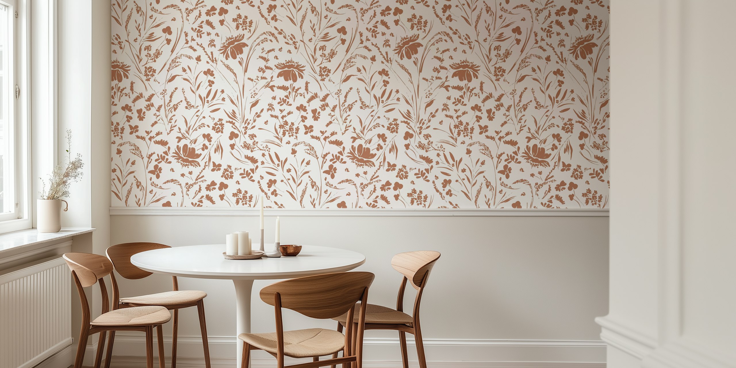Brown floral pattern with various flowers and leaves wallpaper