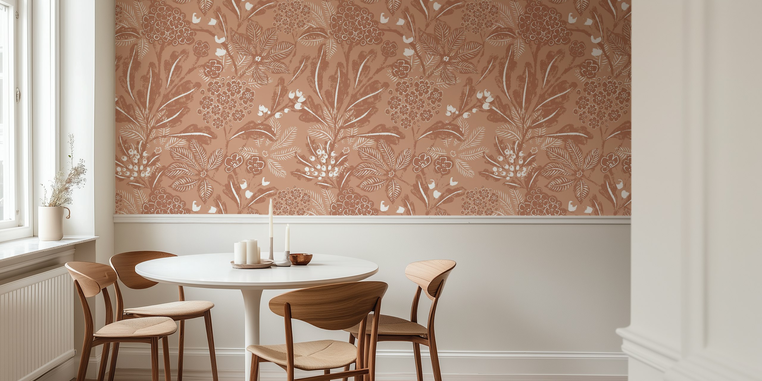 Floral sketches in mocha brown tones on cream wallpaper