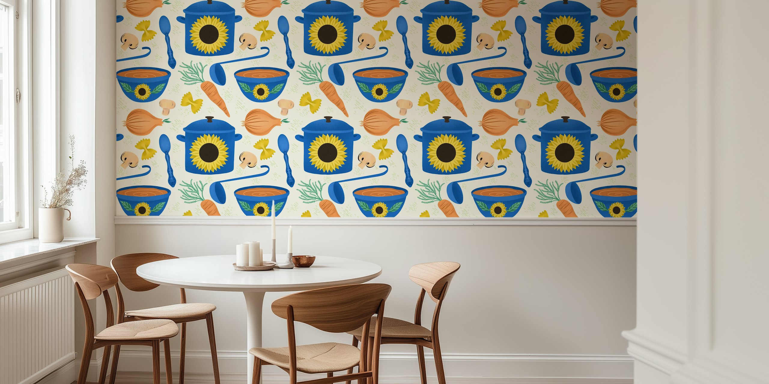 Colorful kitchen-themed wallpaper with bowls, pots, sunflowers, and vegetables