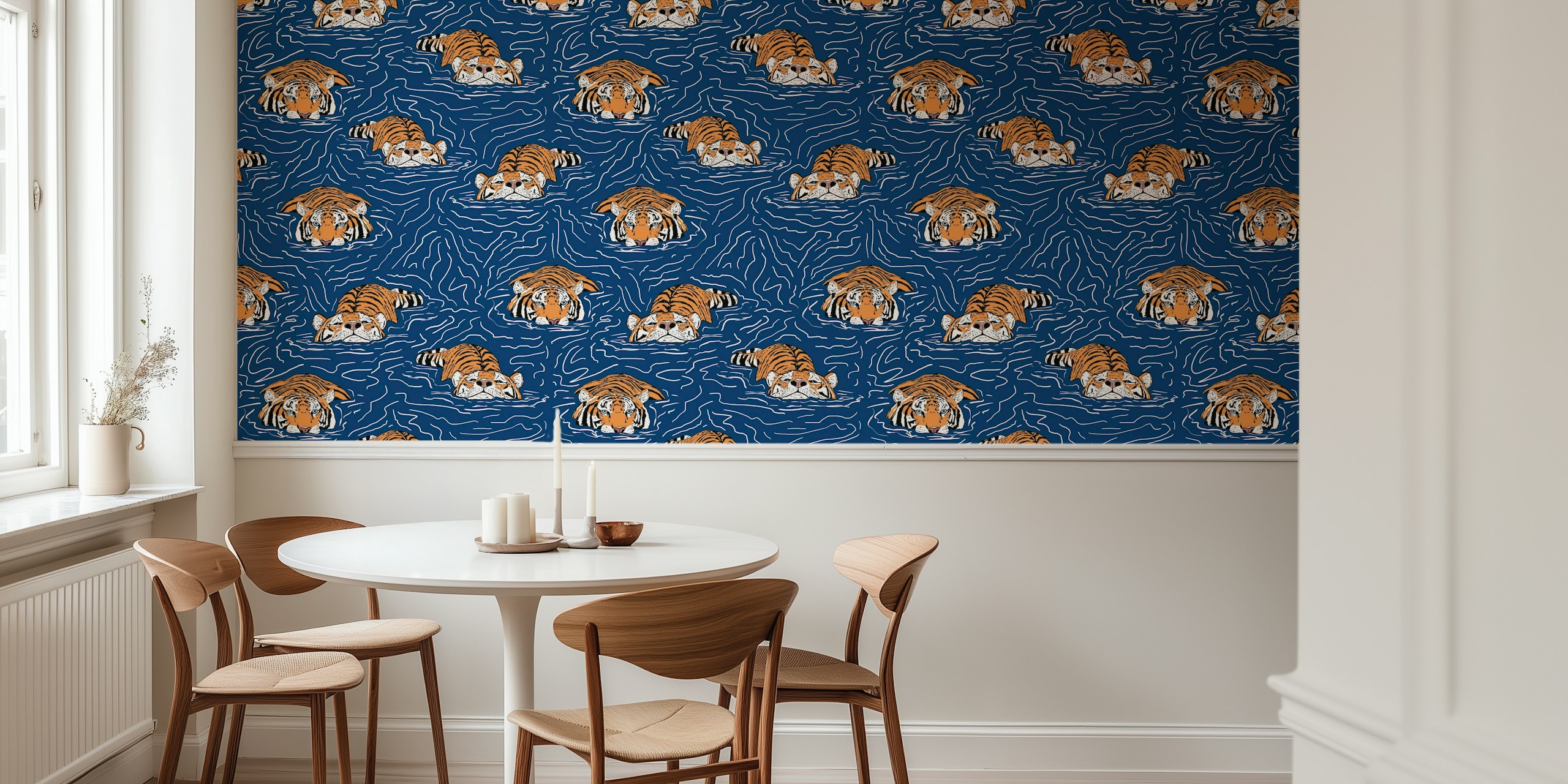 Swimming tigers in blue water pattern wallpaper
