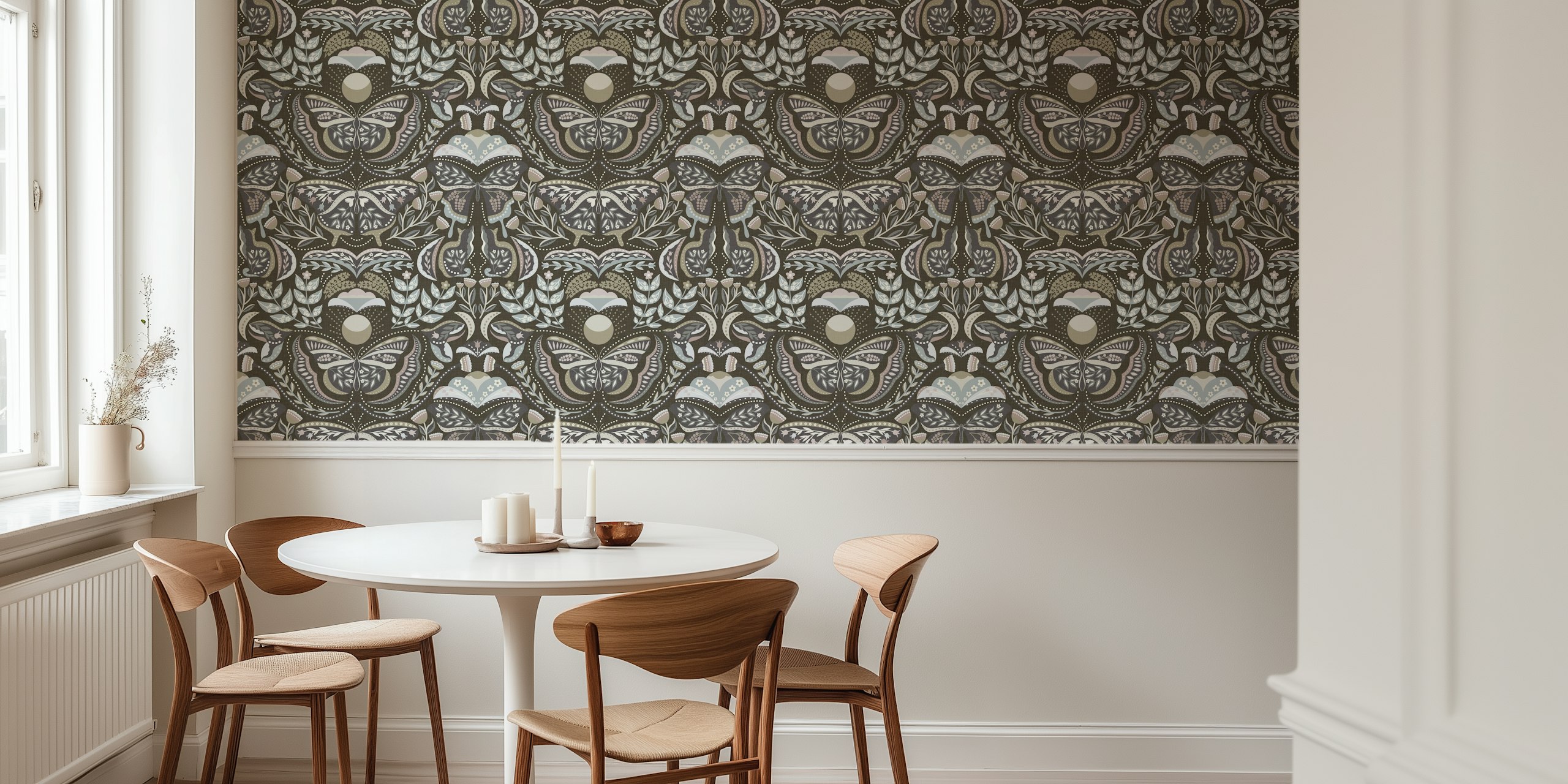 Bohemian nature wallpaper with butterflies and flowers