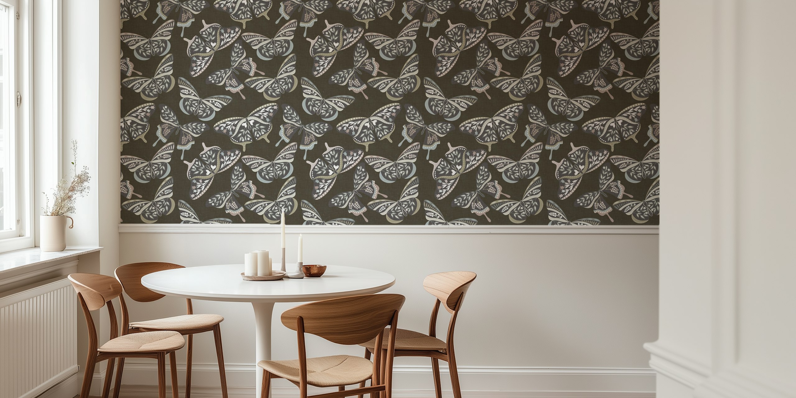 Bohemian butterfly wallpaper featuring muted shades of brown, gray, and pastel colors. Floral pattern design.
