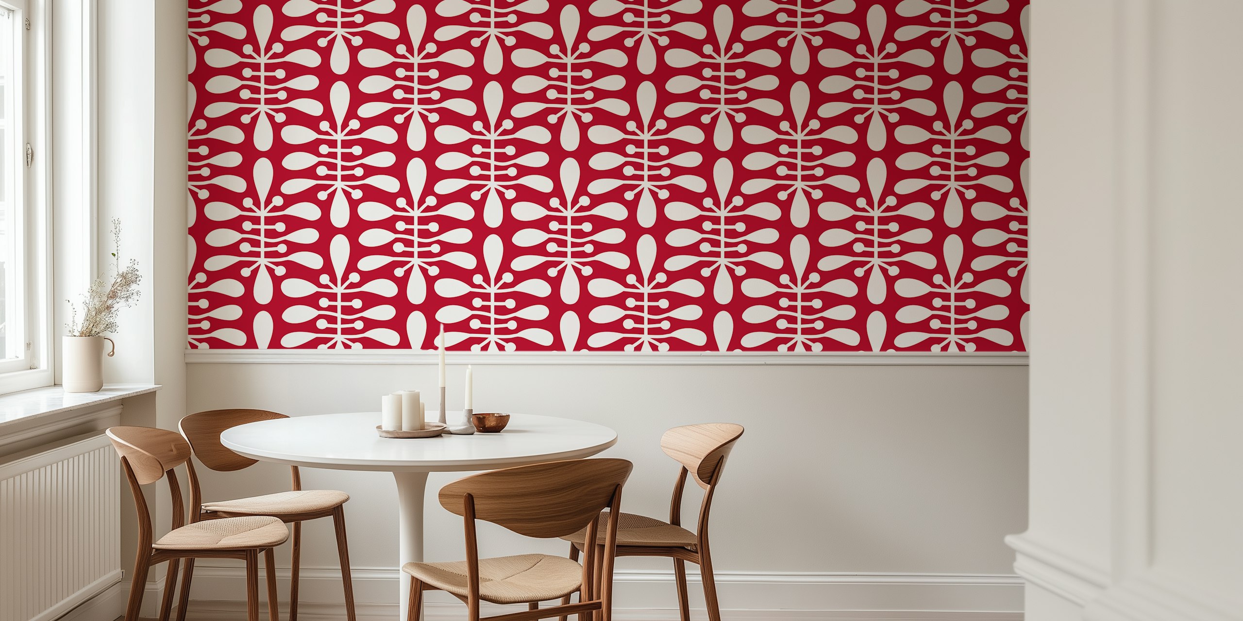 Red botanical pattern with white shapes wallpaper