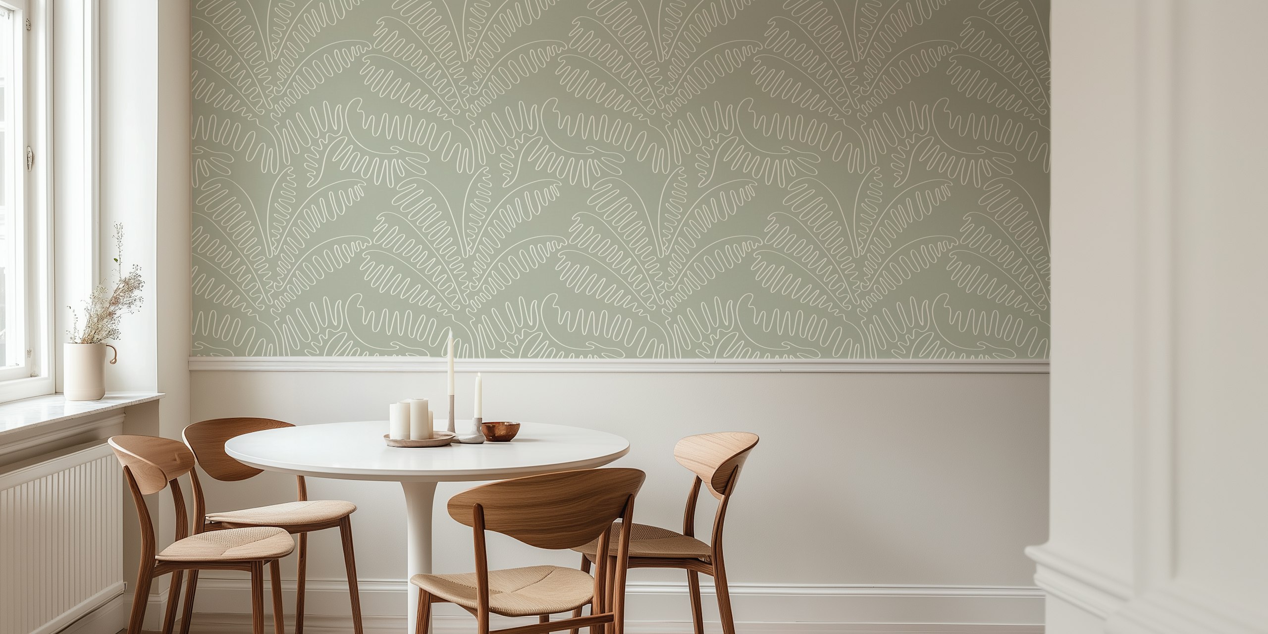 Palm leaves line art design in sage grey wallpaper