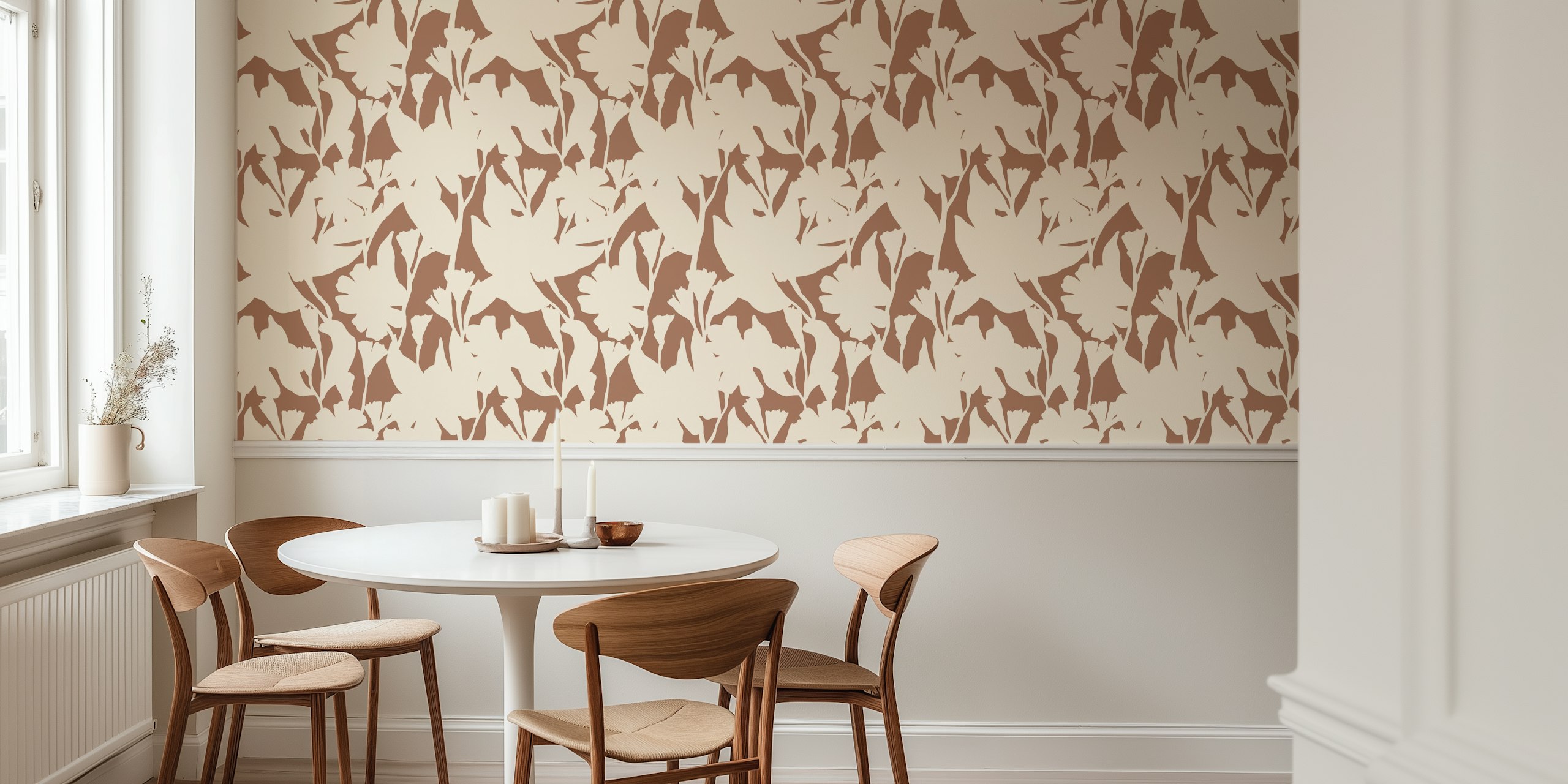 Floral silhouette design in mocha and cream wallpaper