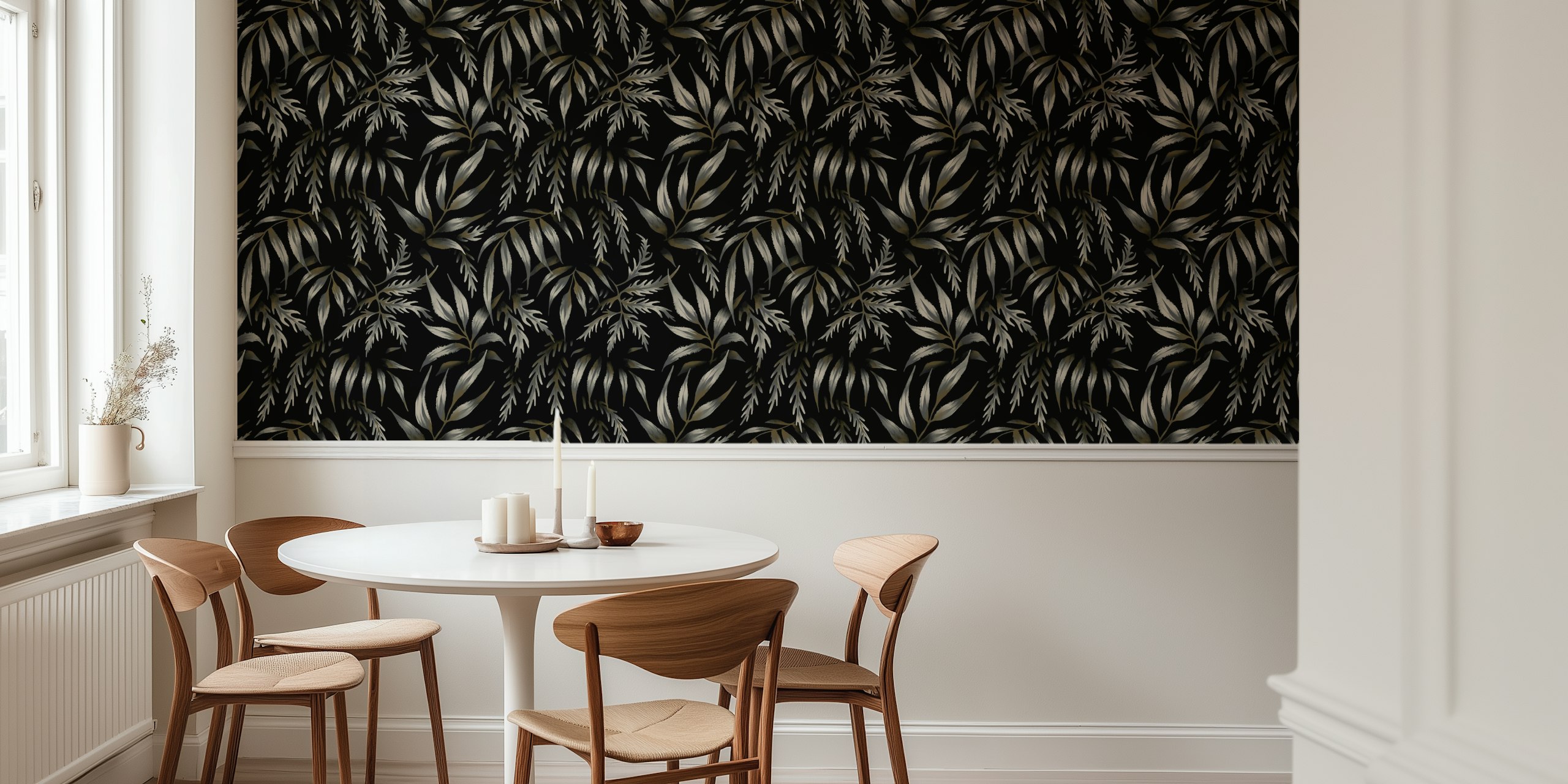 Black foliage with grey botanical leaves wallpaper