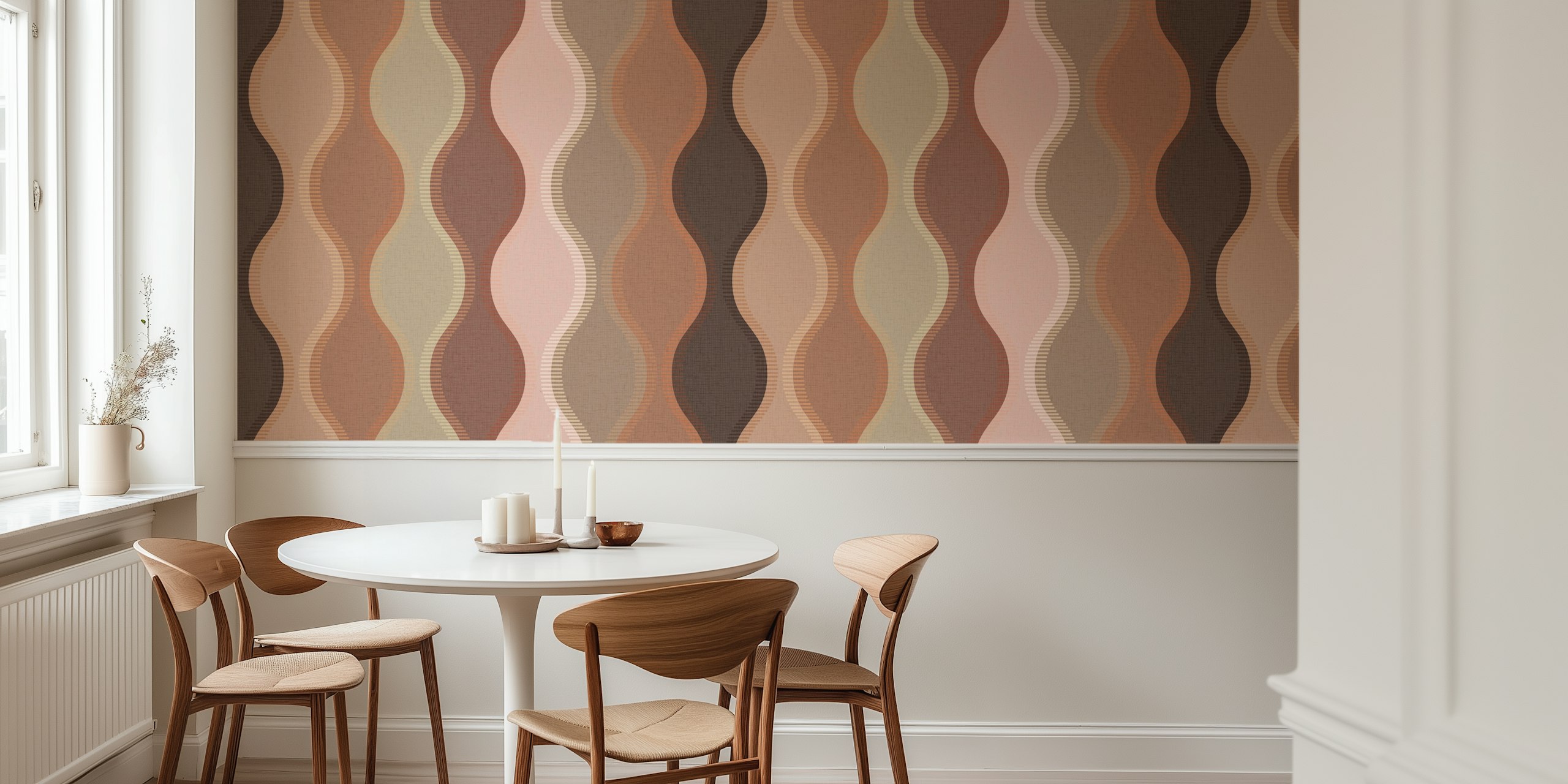 Curvilinear striped patterns in mocha, pink and beige tones wallpaper
