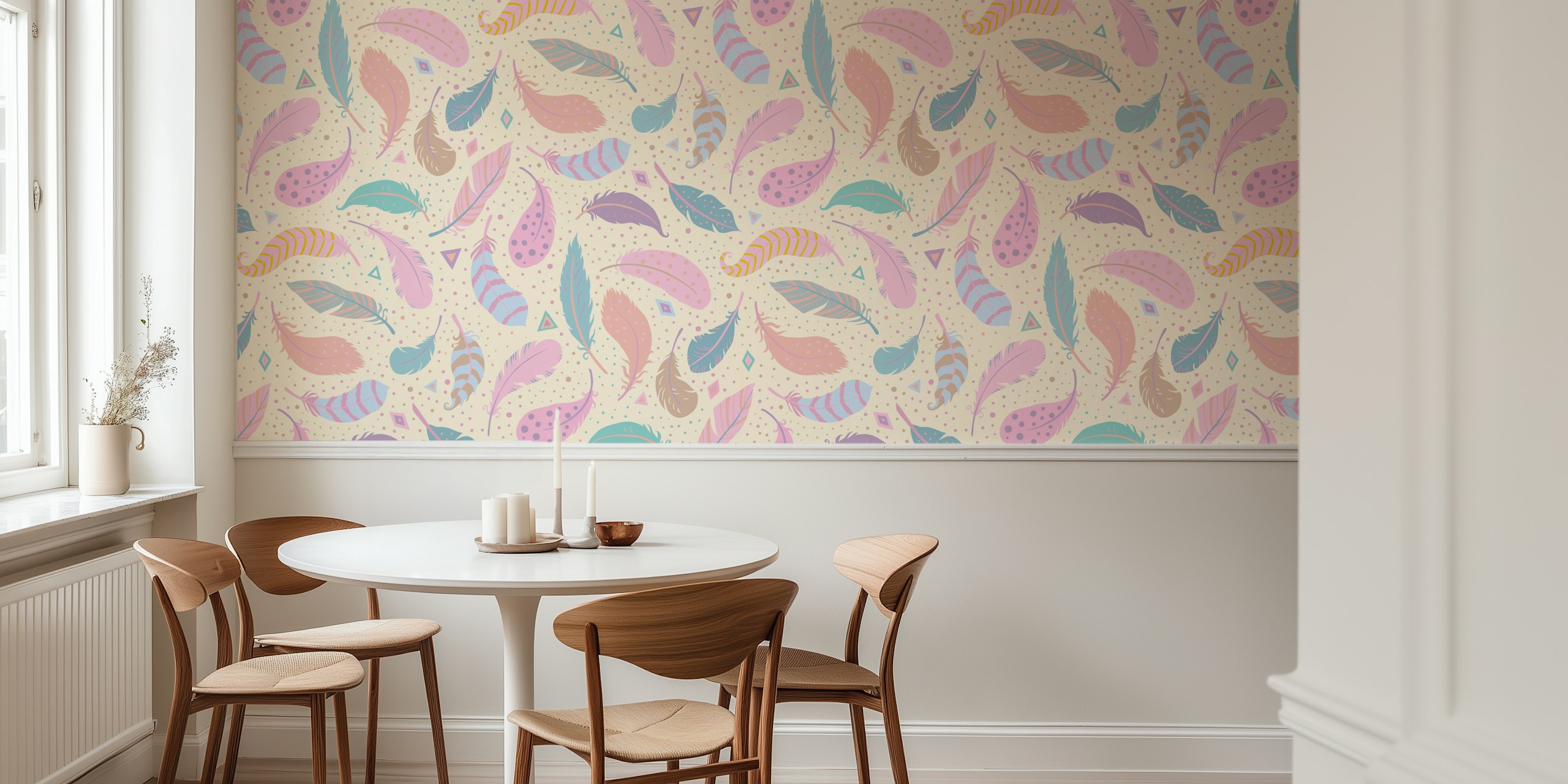 Colorful feather pattern in pink and blue on cream wallpaper