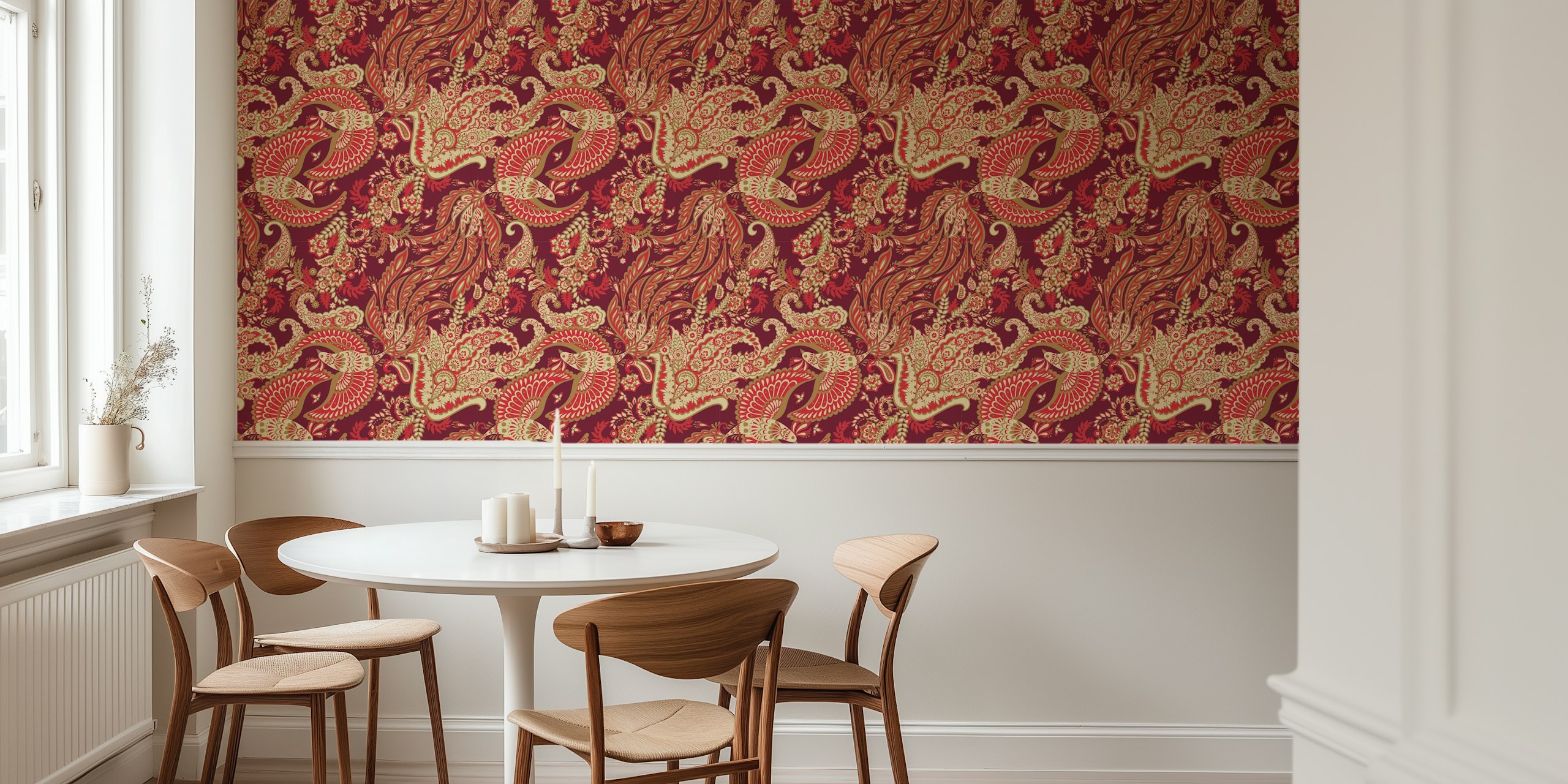 Rich ruby floral paisley wallpaper in red, cream, and green