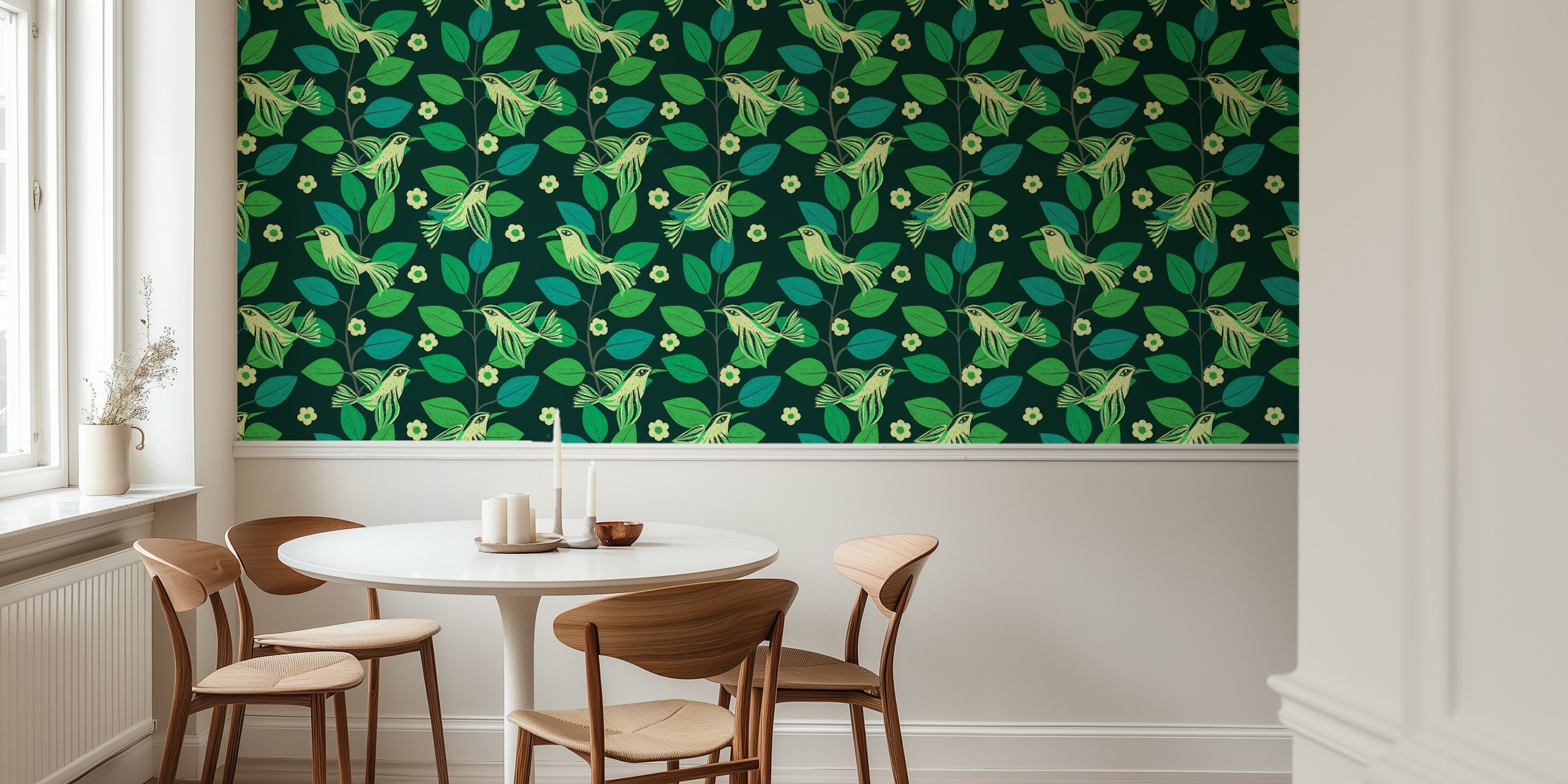 Birds and leaves pattern in green and teal on dark wallpaper