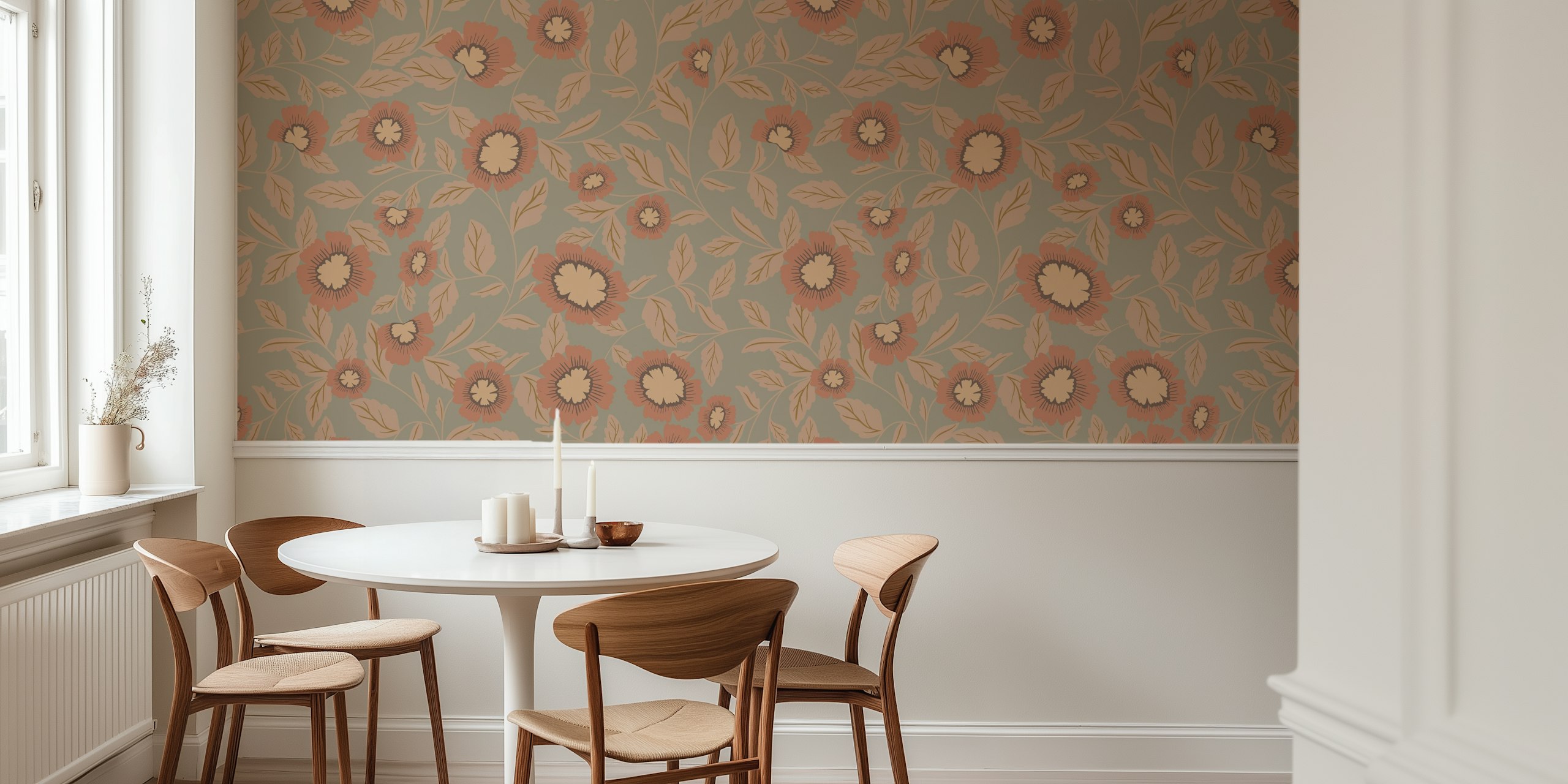 Rustic floral wallpaper featuring beige flowers on a green background