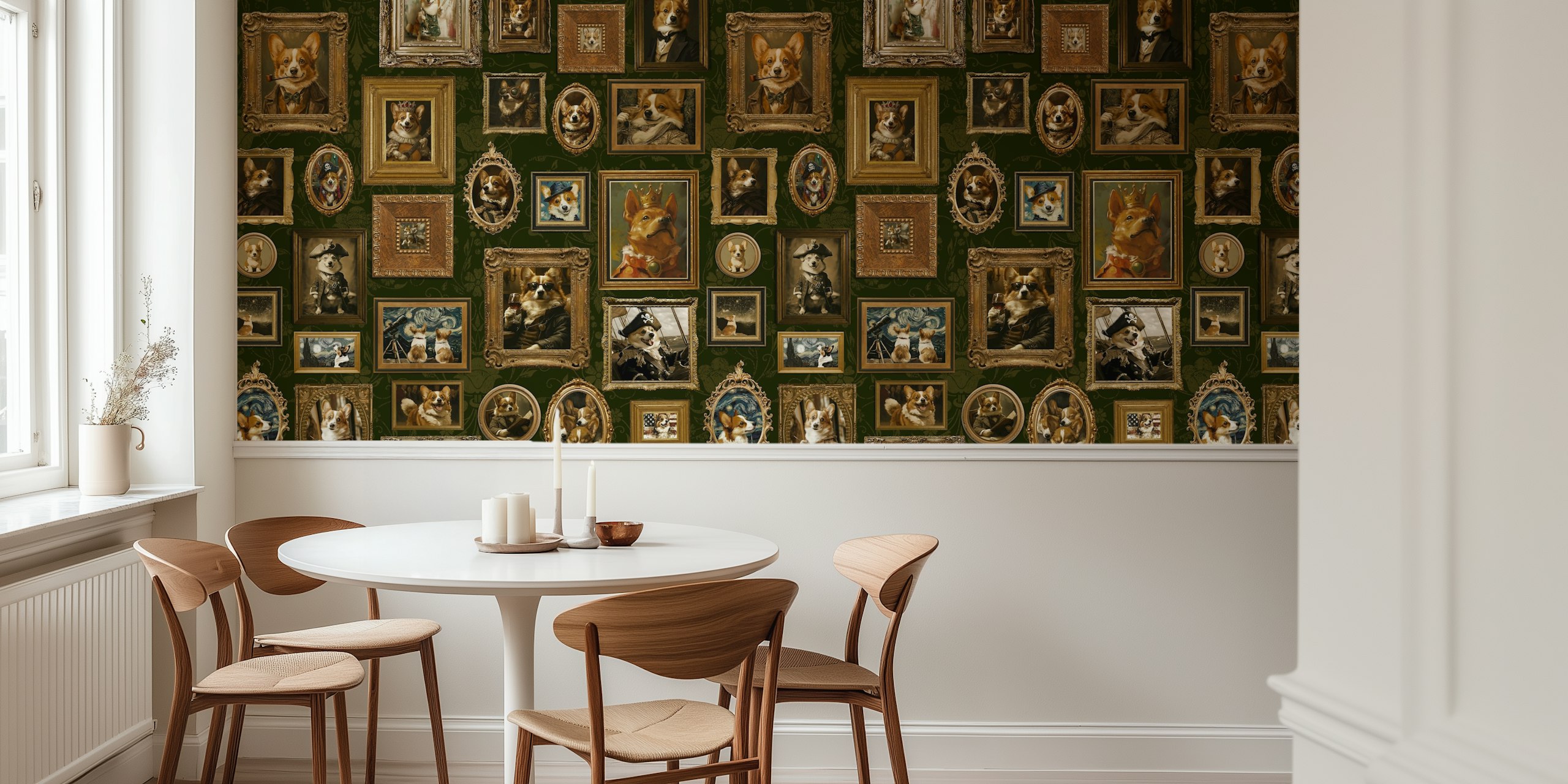 Vintage Corgi portrait gallery with ornate frames on green wallpaper