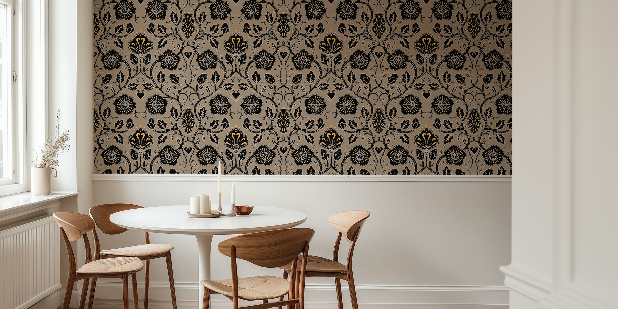 Vintage floral pattern in black and gold with leaves and flowers wallpaper