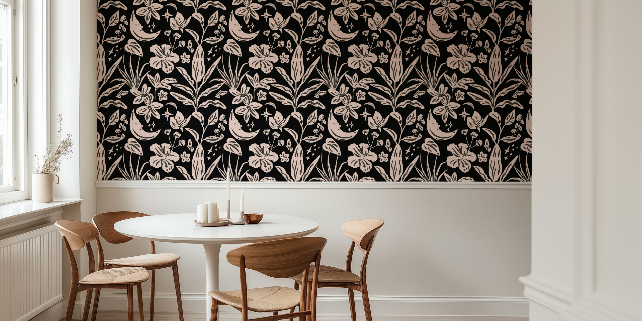 Dark tropical pattern wallpaper in a room