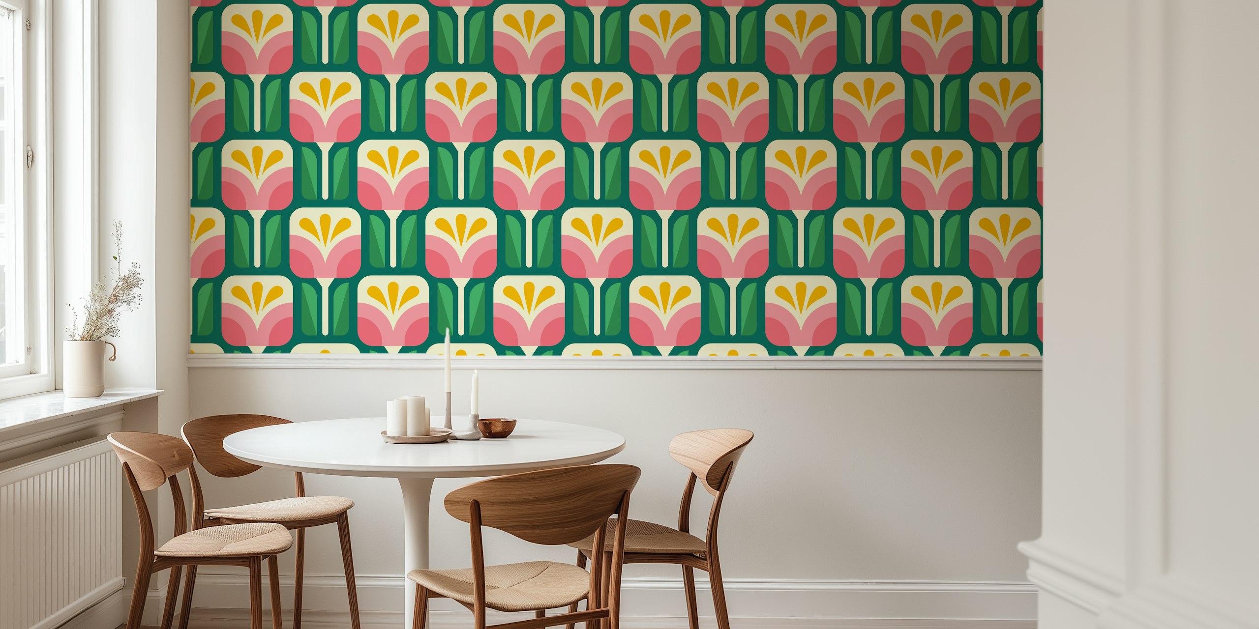 Pink and Green Bold Geometric Blooms tapet i et rum