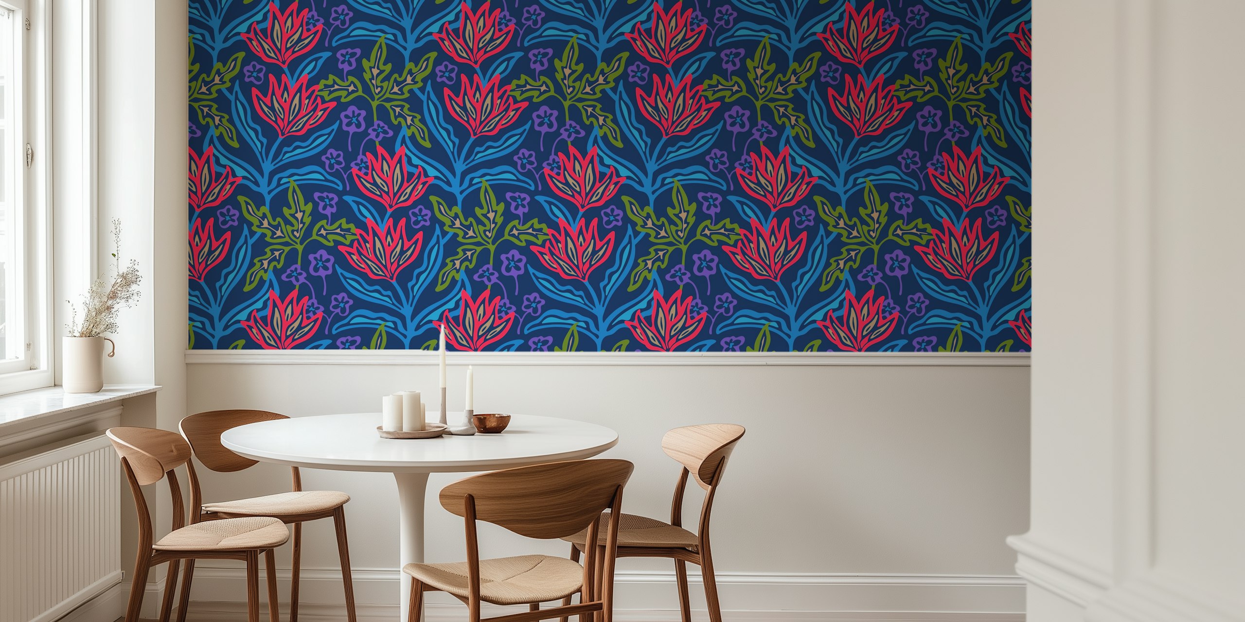 Colorful floral pattern with bold red and blue flowers wallpaper
