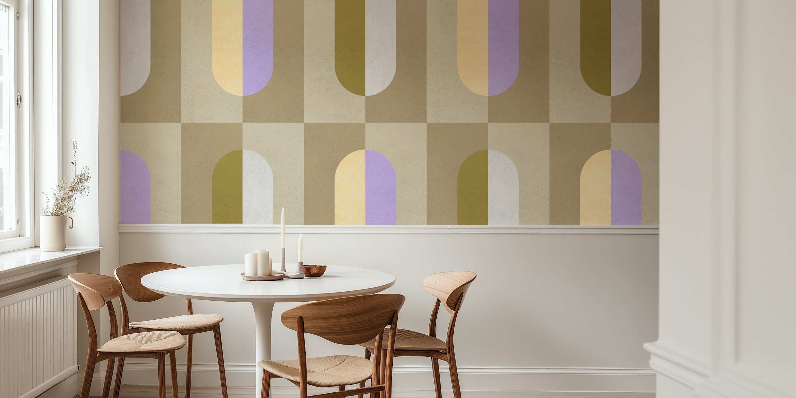Geometric pastel wallpaper design in a room