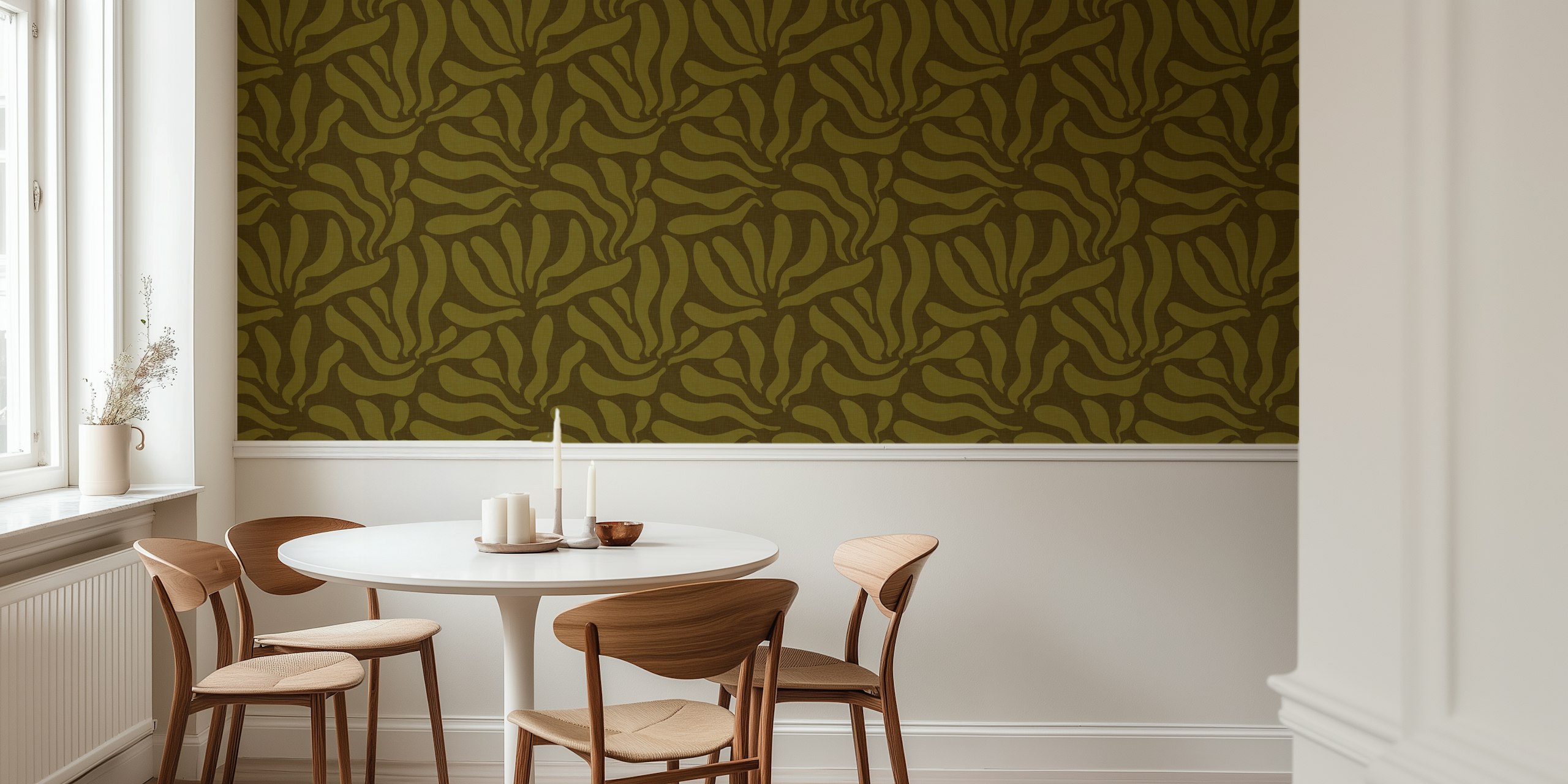 Flowing Modern Leaves Khaki wallpaper in room