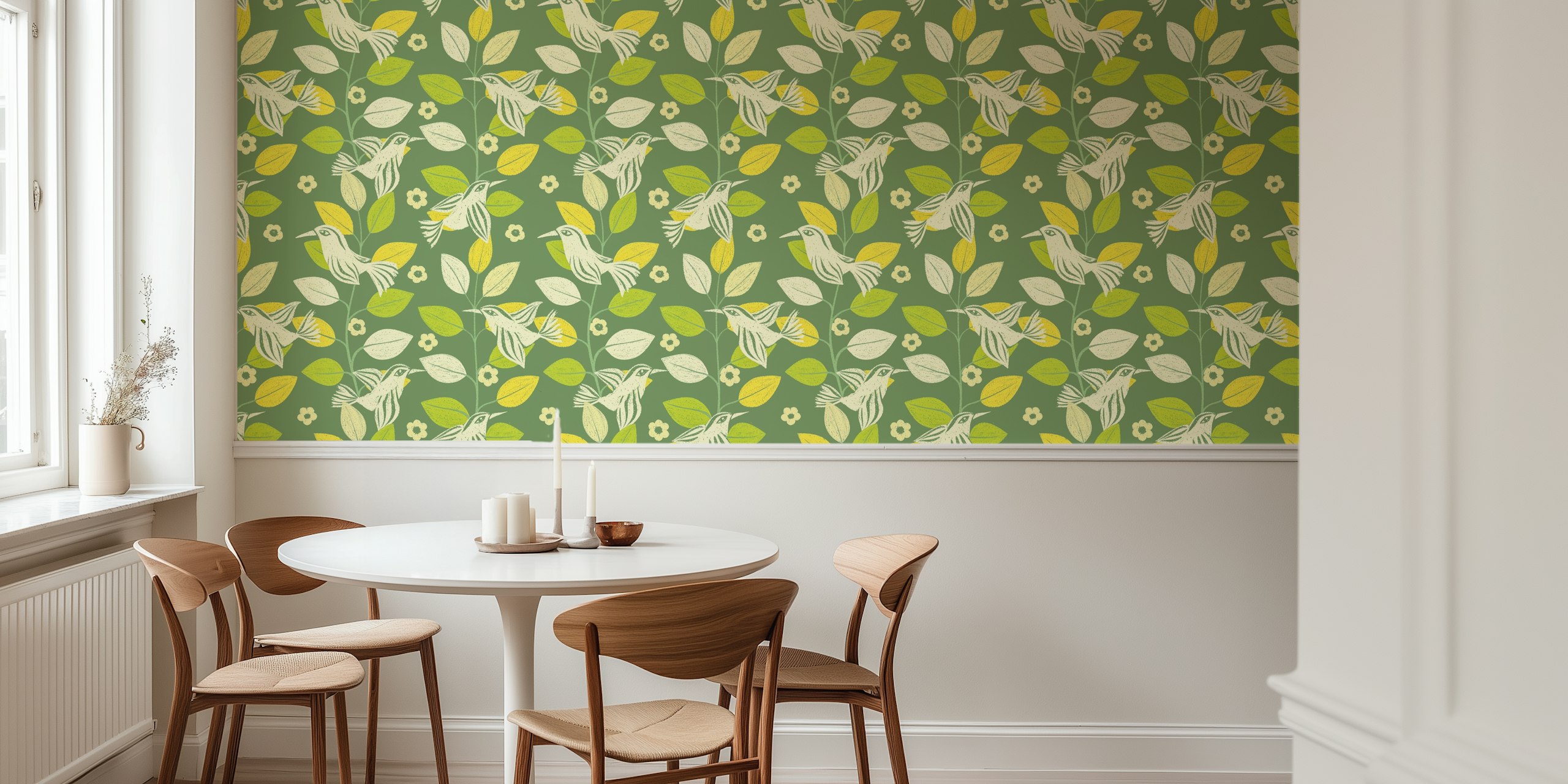 Papel de parede Sage green com pássaros e folhas abstratas