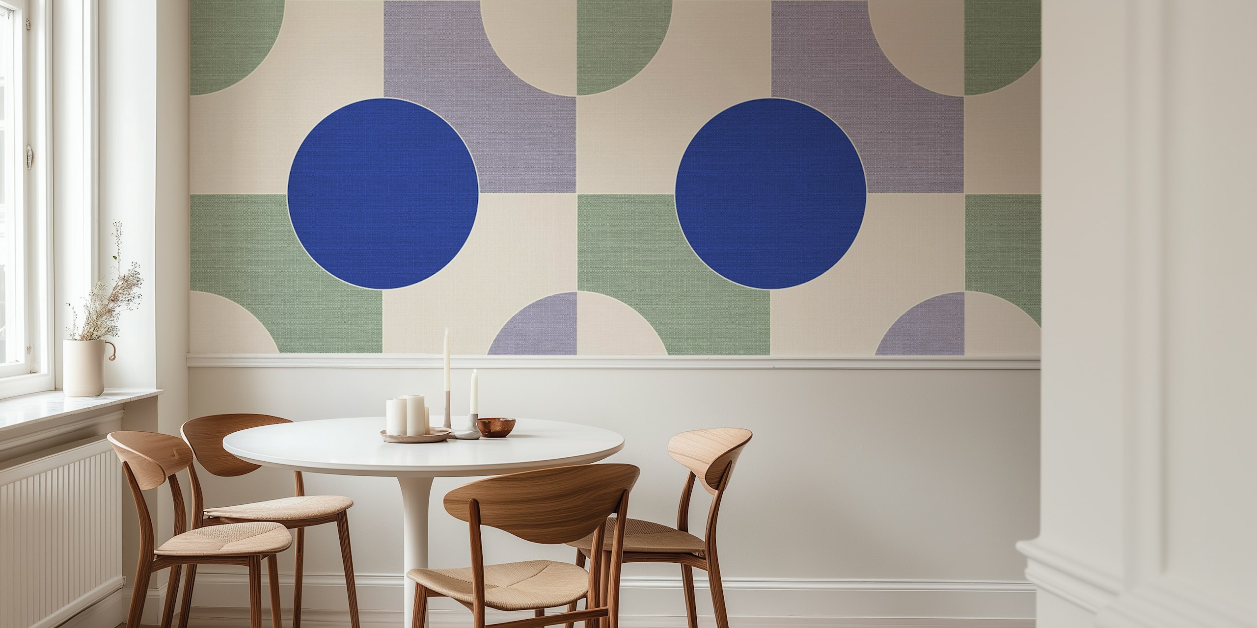 Geometric shapes in blue, green, and cream wallpaper