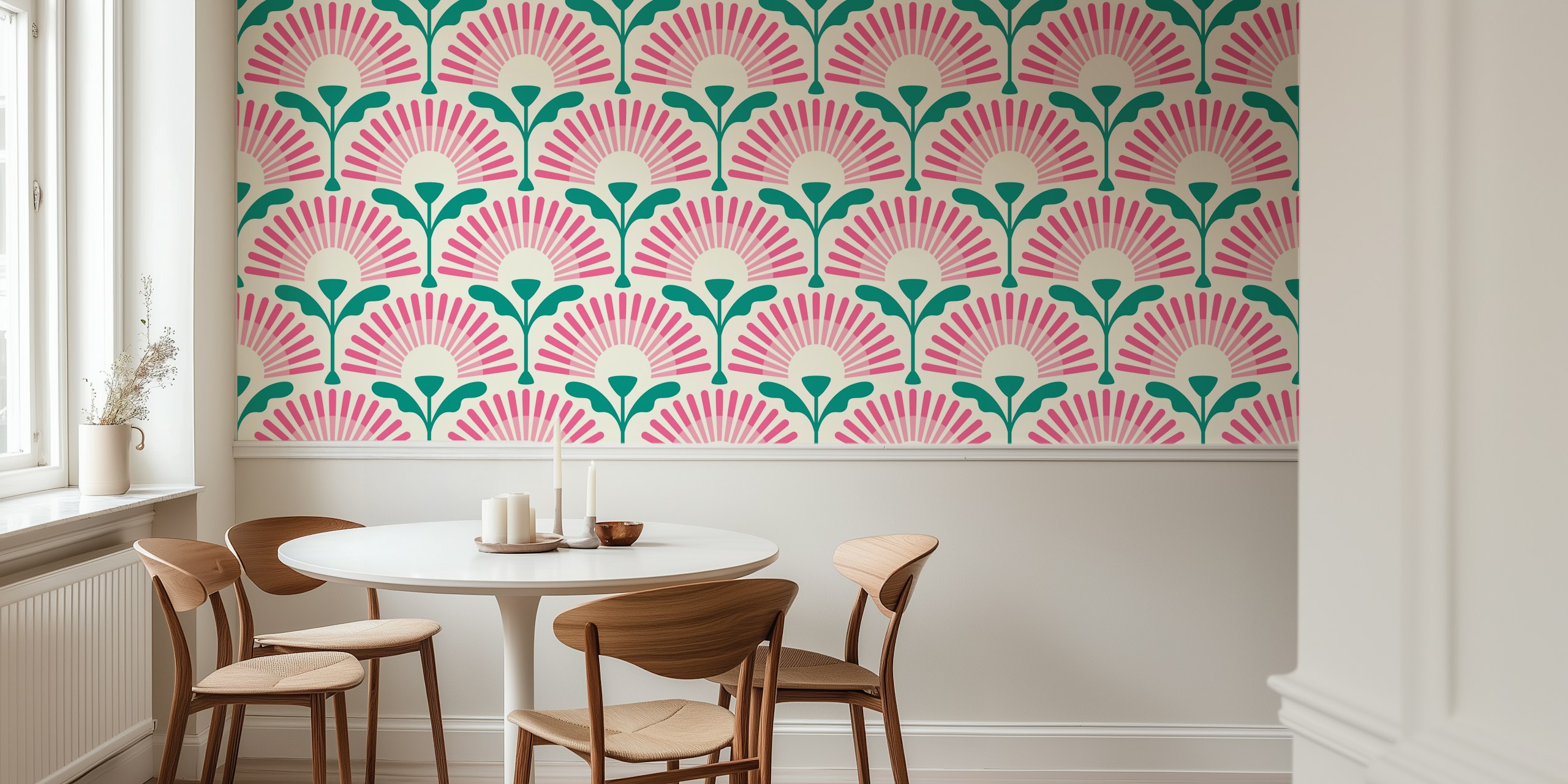 Retro floral scallop pattern with pink and green colors wallpaper