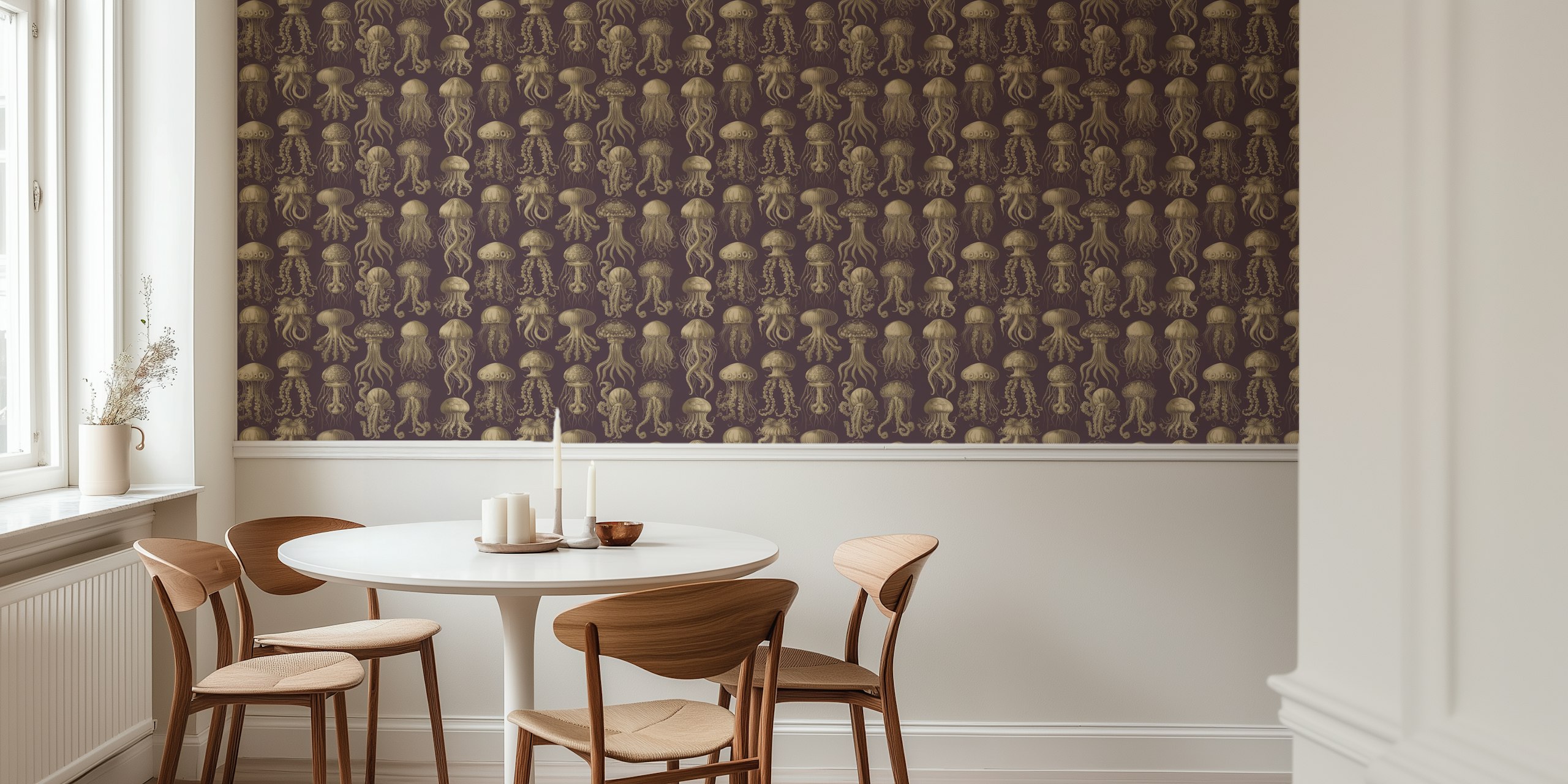 Gold and bordeaux jellyfish illustrations on dark background wallpaper