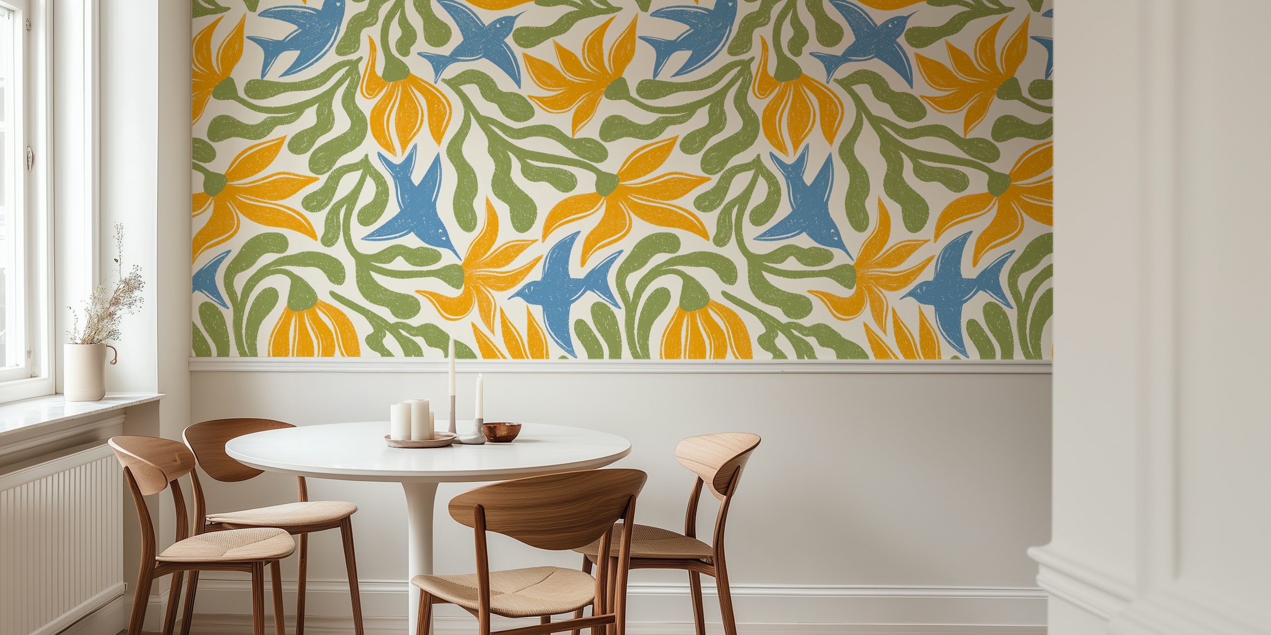 Colorful birds and flowers in orange, blue, and green on cream wallpaper