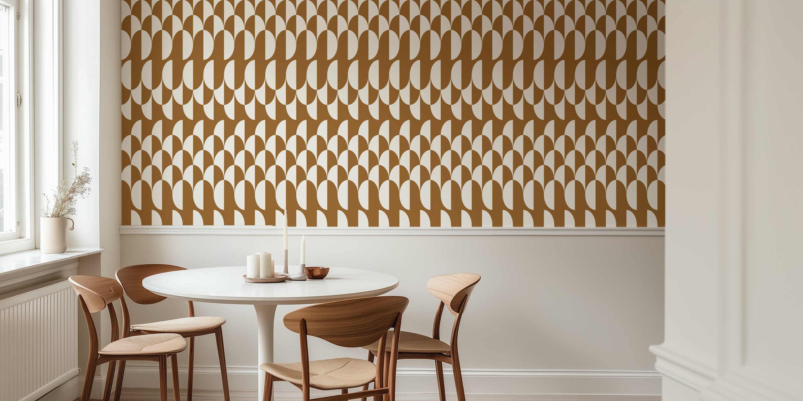 Brown geometric arcs and white shapes in art deco wallpaper