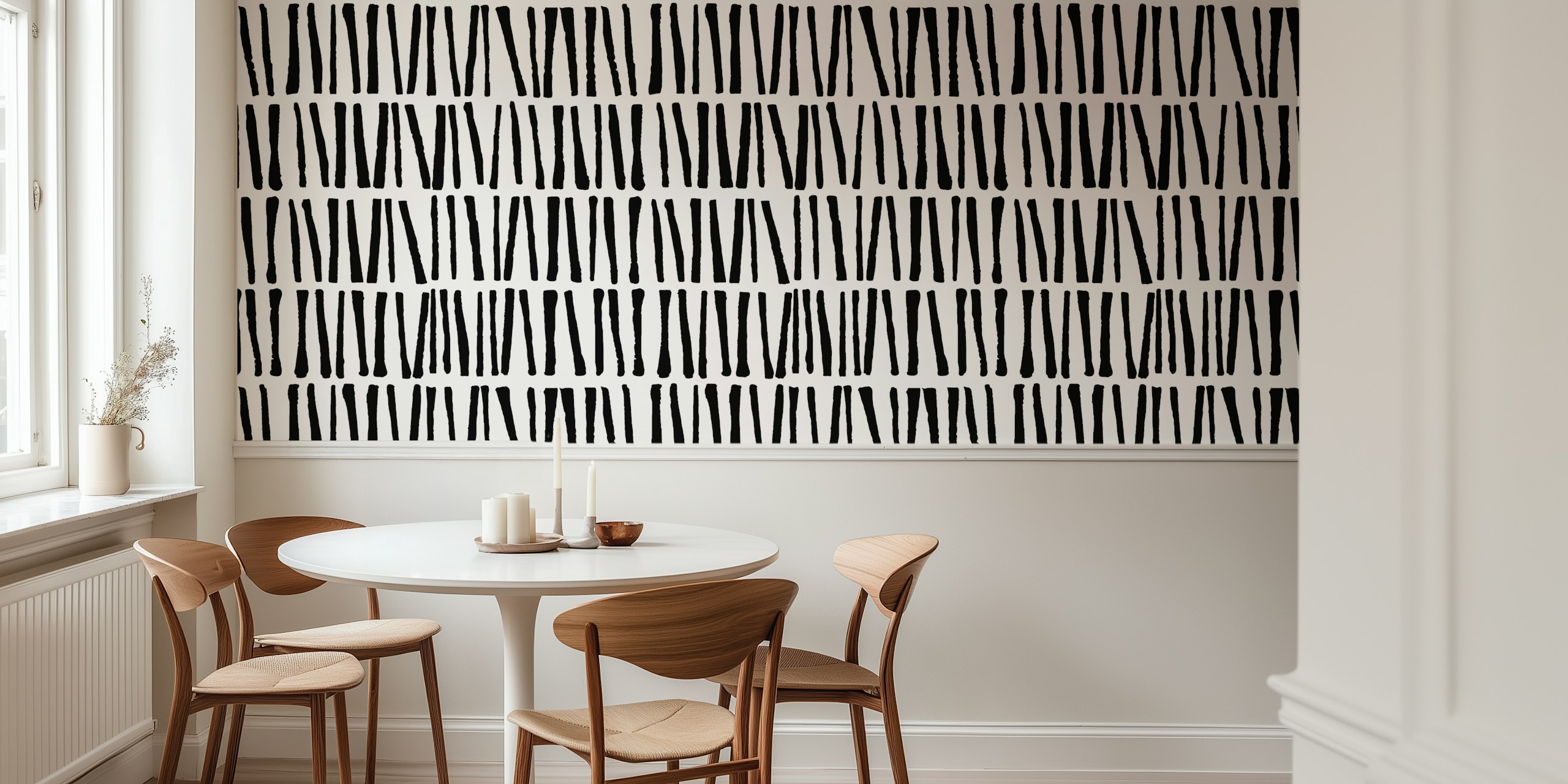 Black and white tribal lines wallpaper in a room