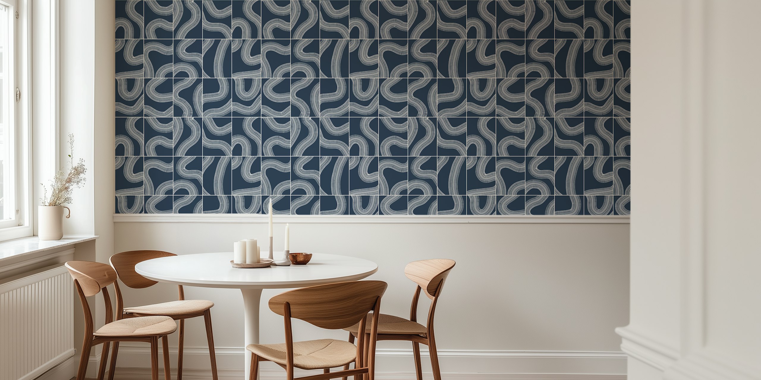Navy wallpaper with white flowing lines in geometric pattern