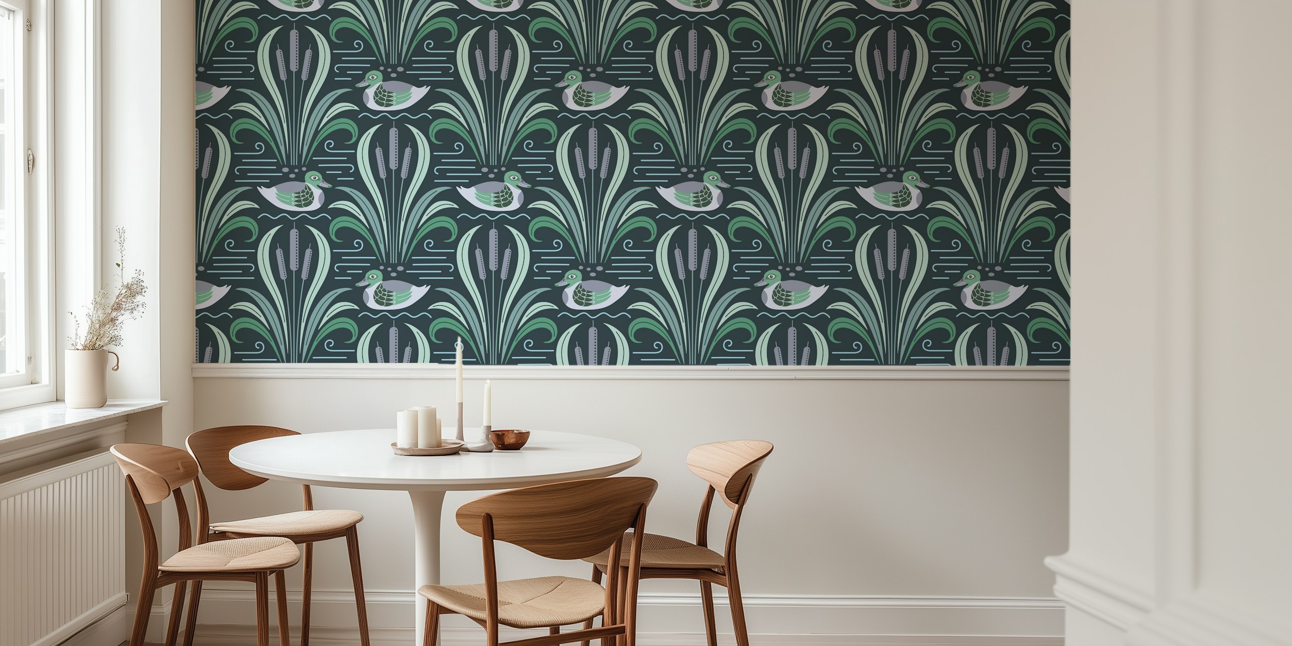 Papel de parede Midnight duck pond green em um quarto