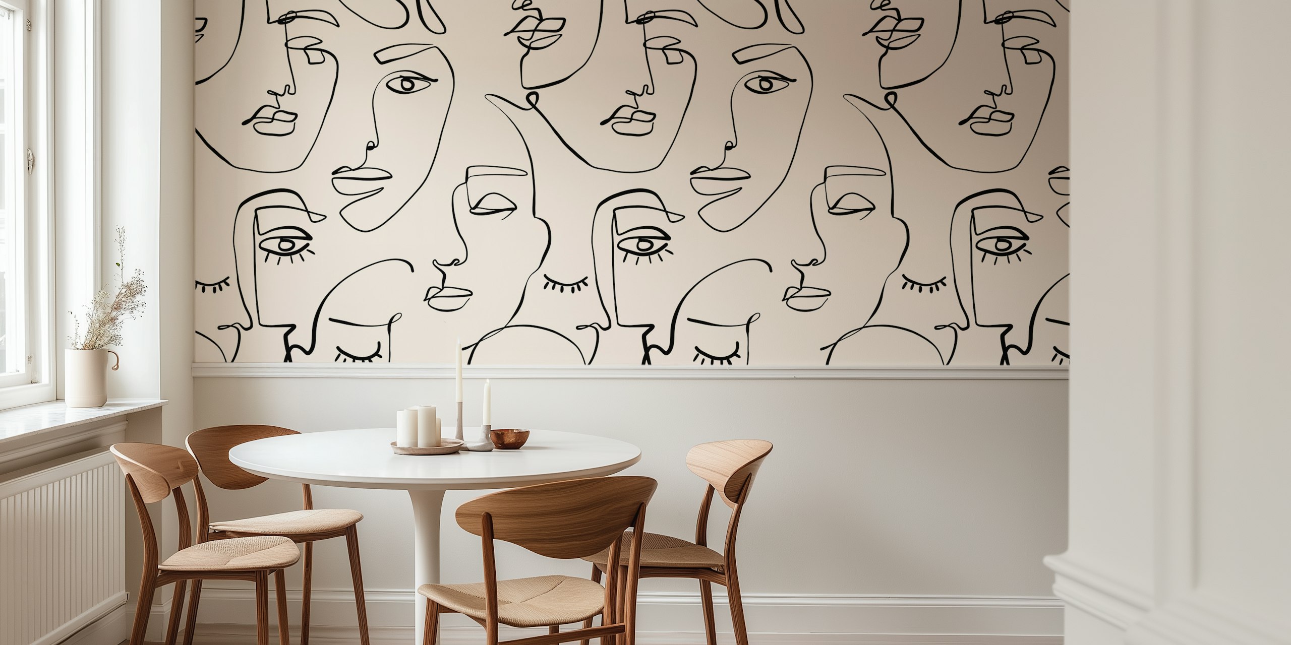 Wallpaper with monochrome line art faces