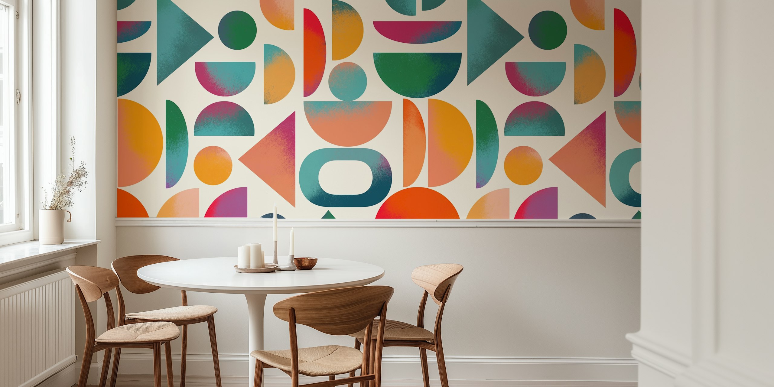 Vibrant geometric pattern wallpaper in a room