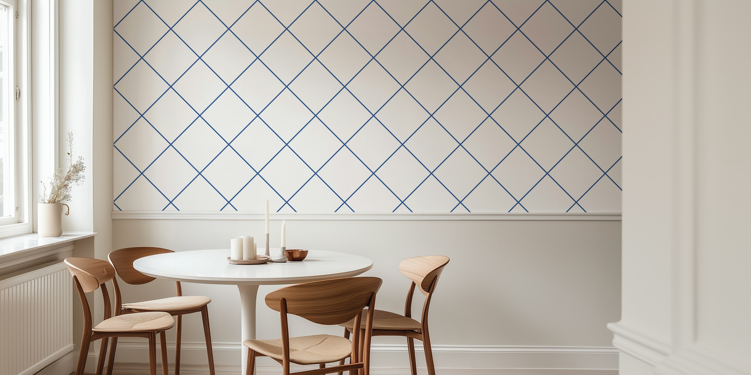 Faux tile grid pattern in blue and beige wallpaper