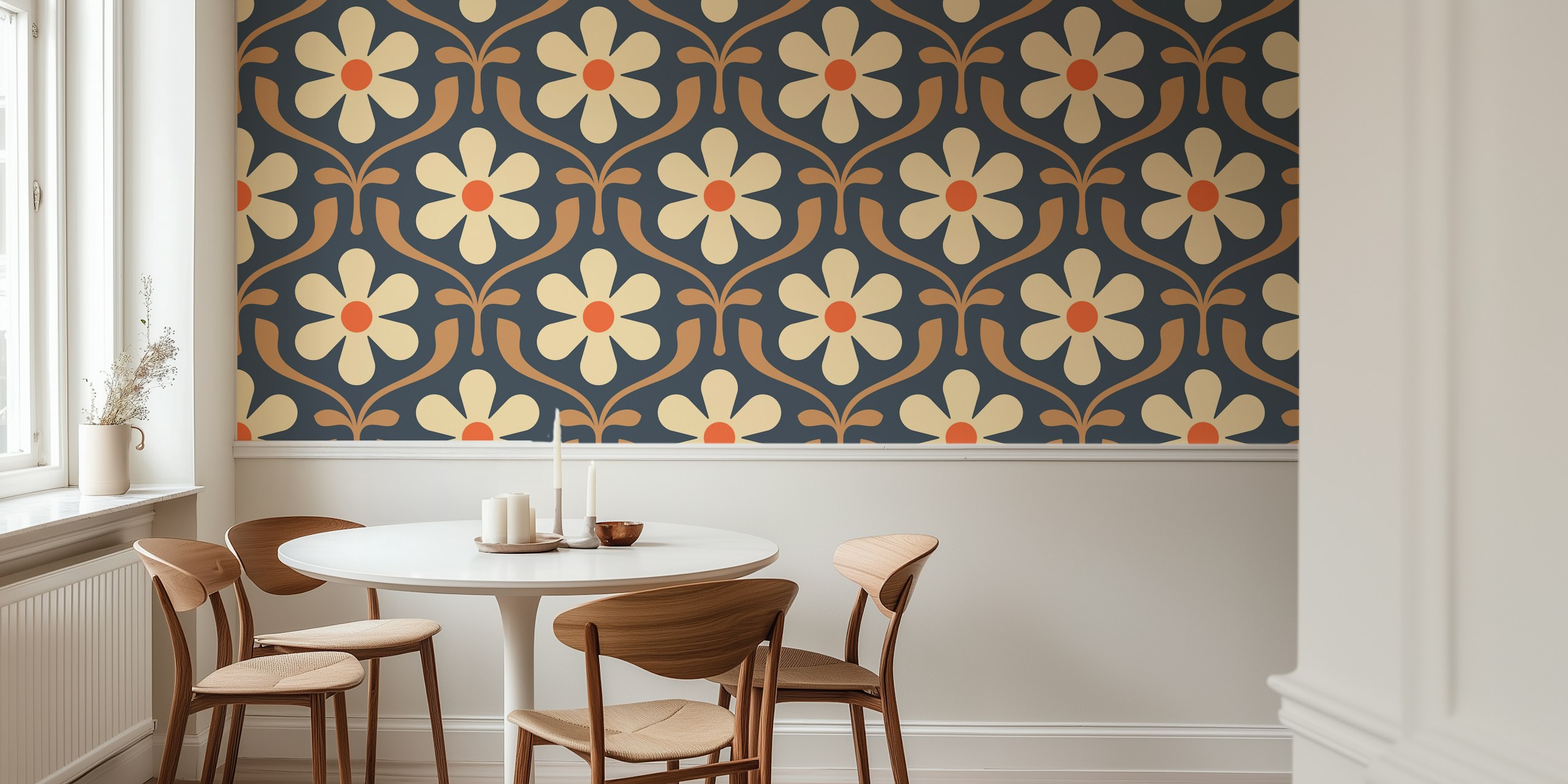 Floral pattern with beige flowers and orange accents on blue background wallpaper
