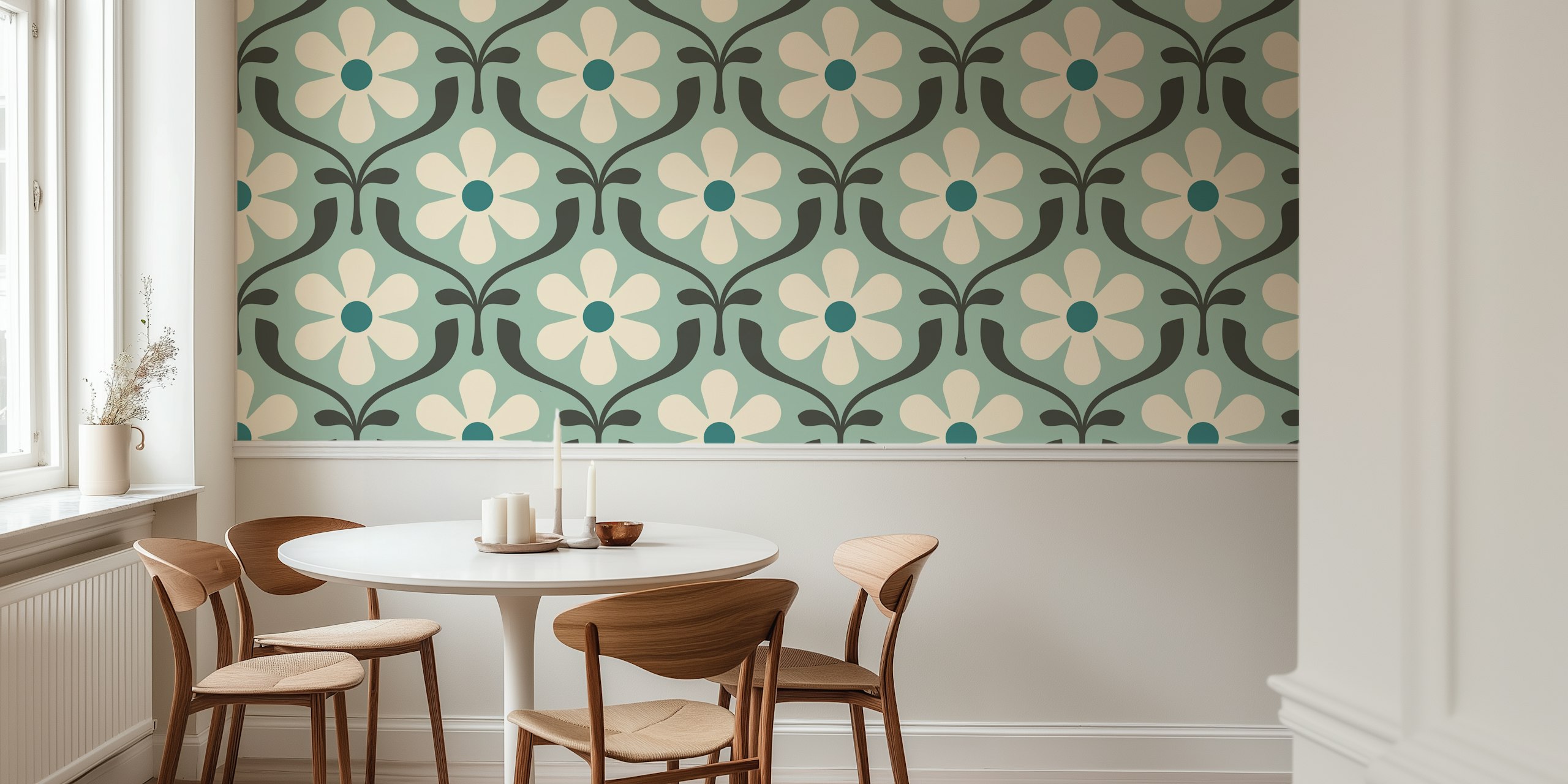 Retro floral pattern in turquoise and cream colors wallpaper