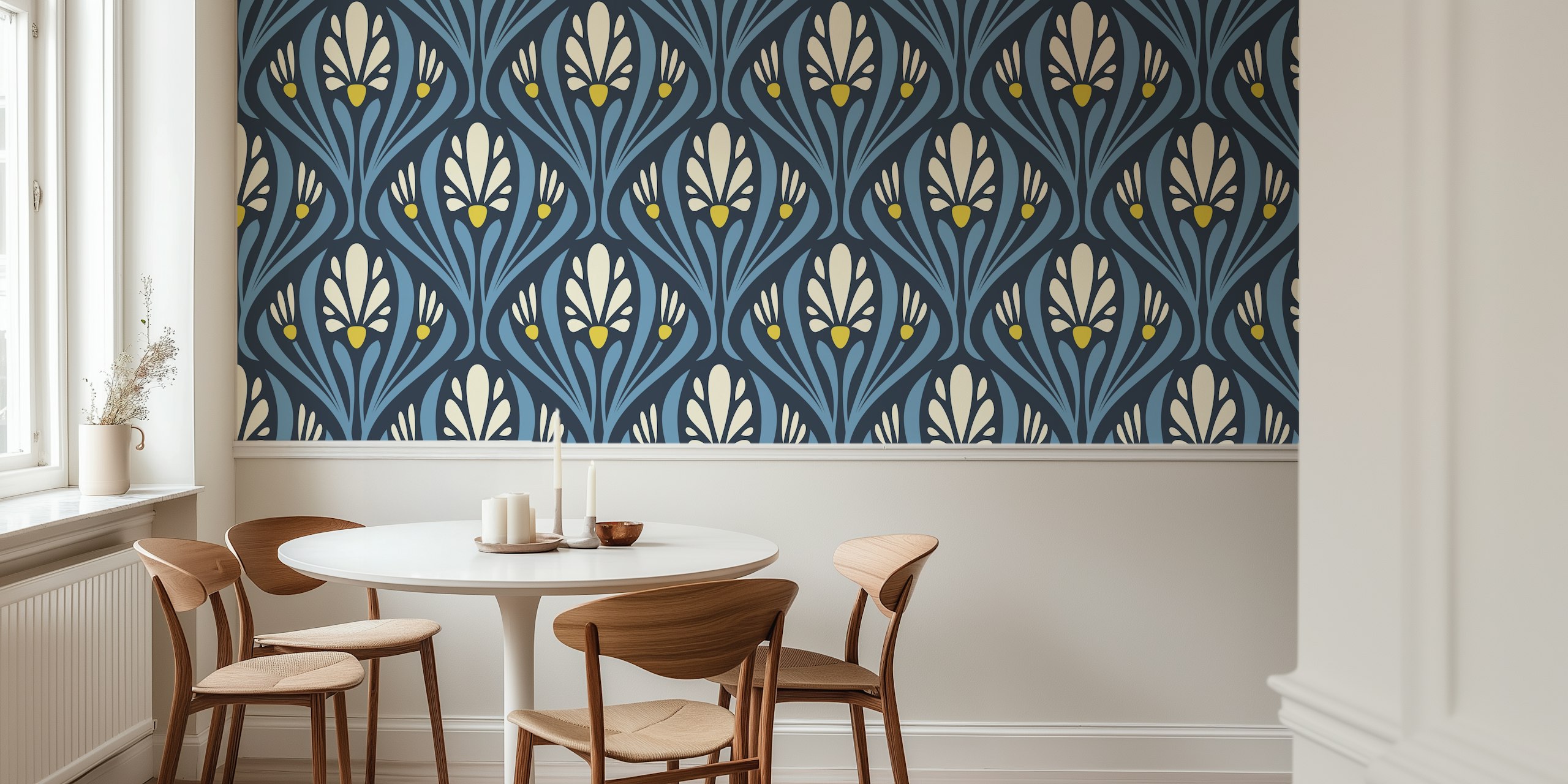 Floral motifs with blue and cream colors in an Art Nouveau style wallpaper