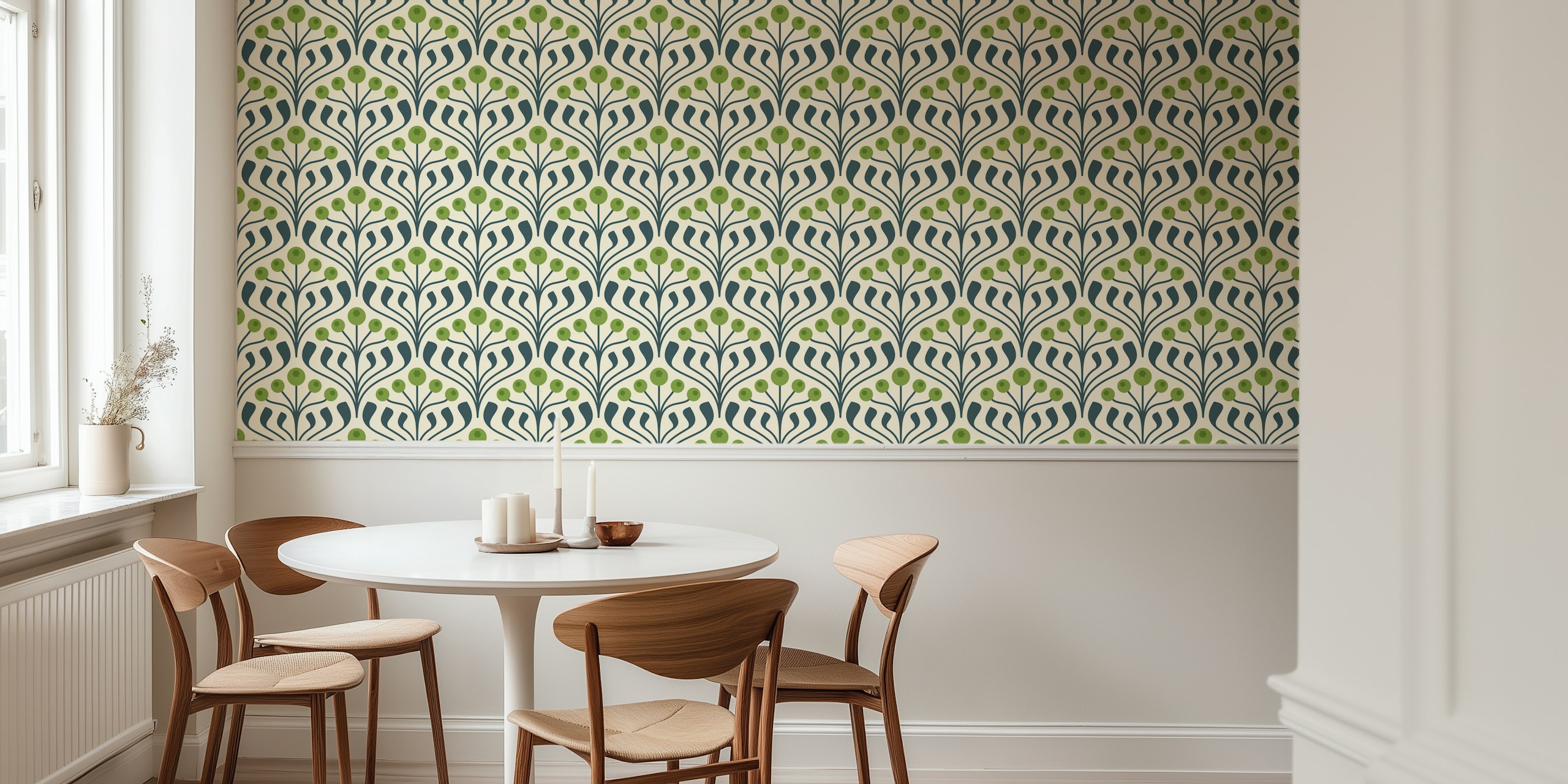 Green floral berry pattern on cream background wallpaper